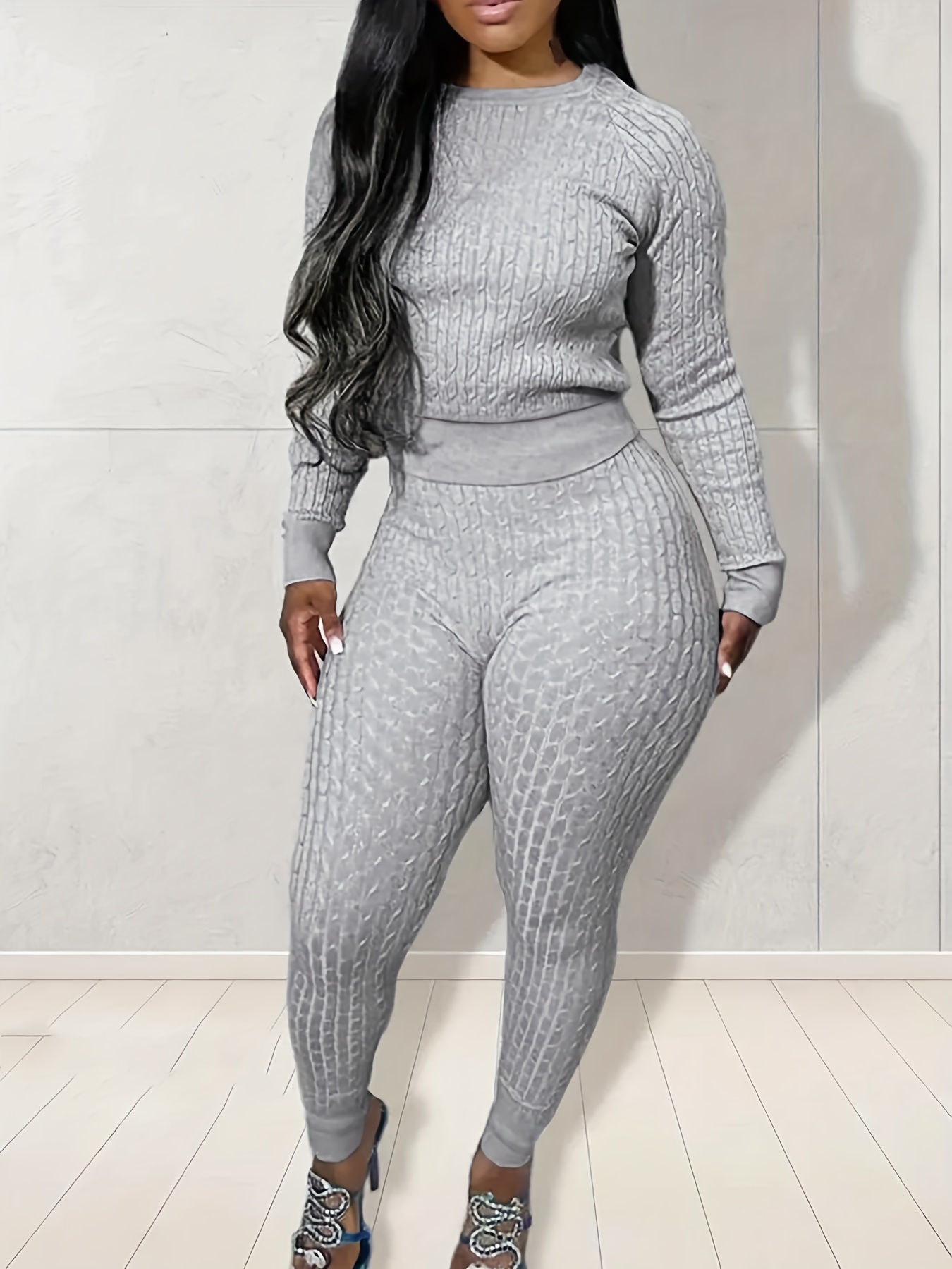 Casual Solid Two piece Set Long Sleeve Crew Neck Top - Temu