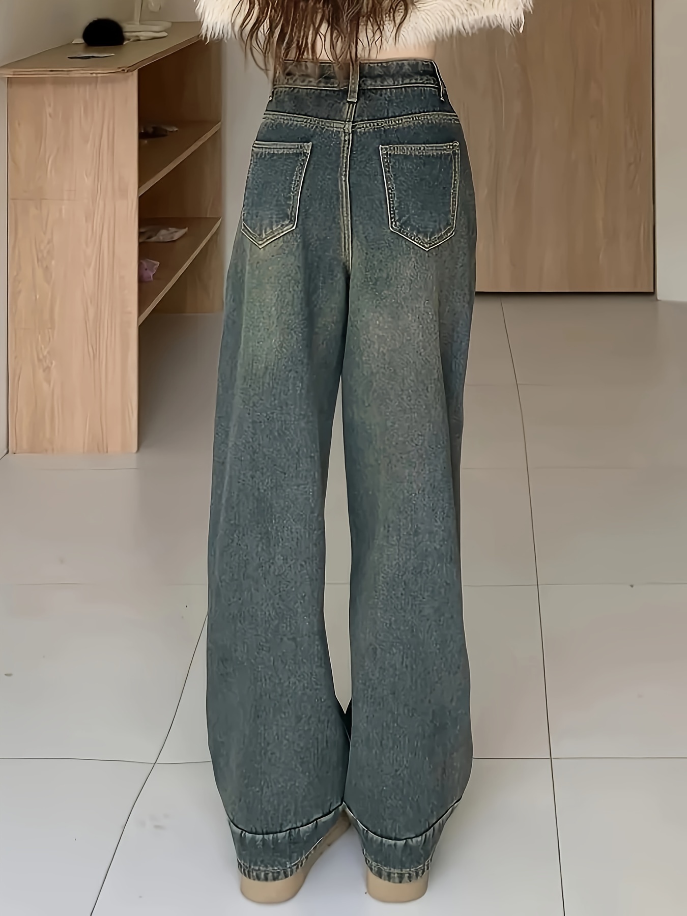 Double Buttons Zipper Fly Vintage Boyfriend Jeans, Loose Slant Pocket  Washed Denim Pants, Women's Denim Jeans & Clothing