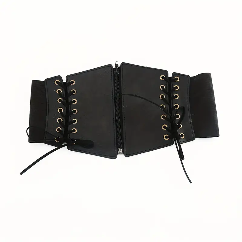 QKEPCY Lace-up Waspie Corset Belts for Women, Black Faux Leather