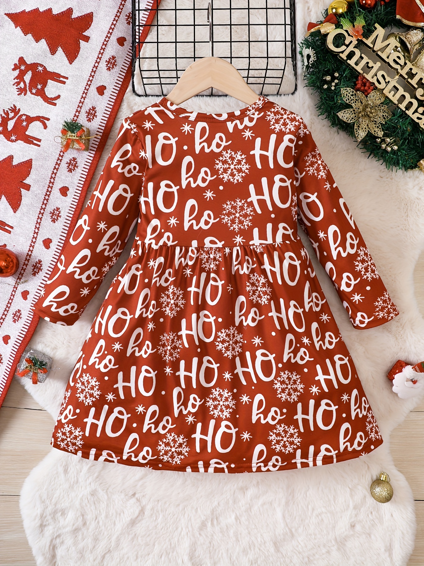 festive joy popular christmas print long sleeve dress girls - Temu