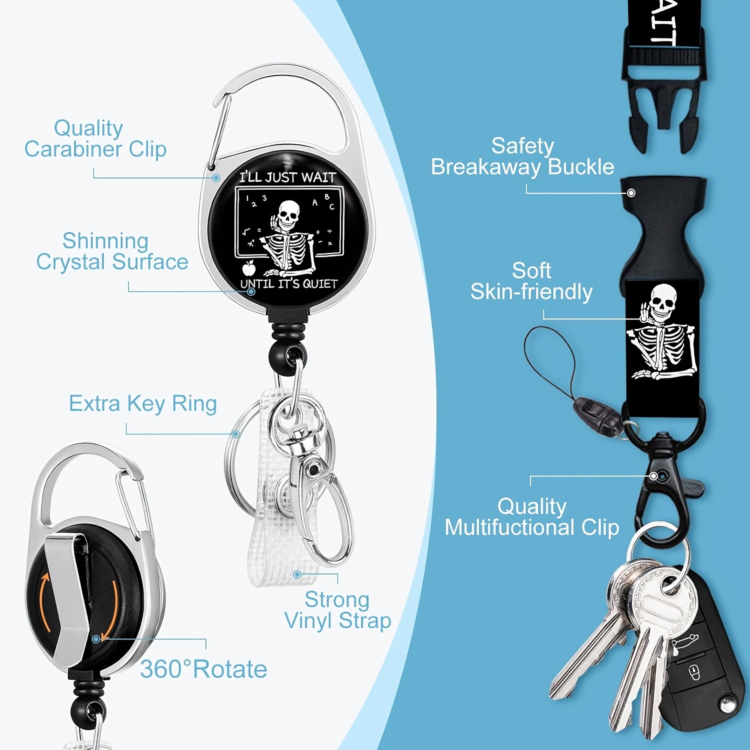 Badge Holder with Detachable Keychain Lanyard, Funny Skull Teacher Lanyards for ID Badges, Human Skeleton Retractable Badge Reel with Vertical ID