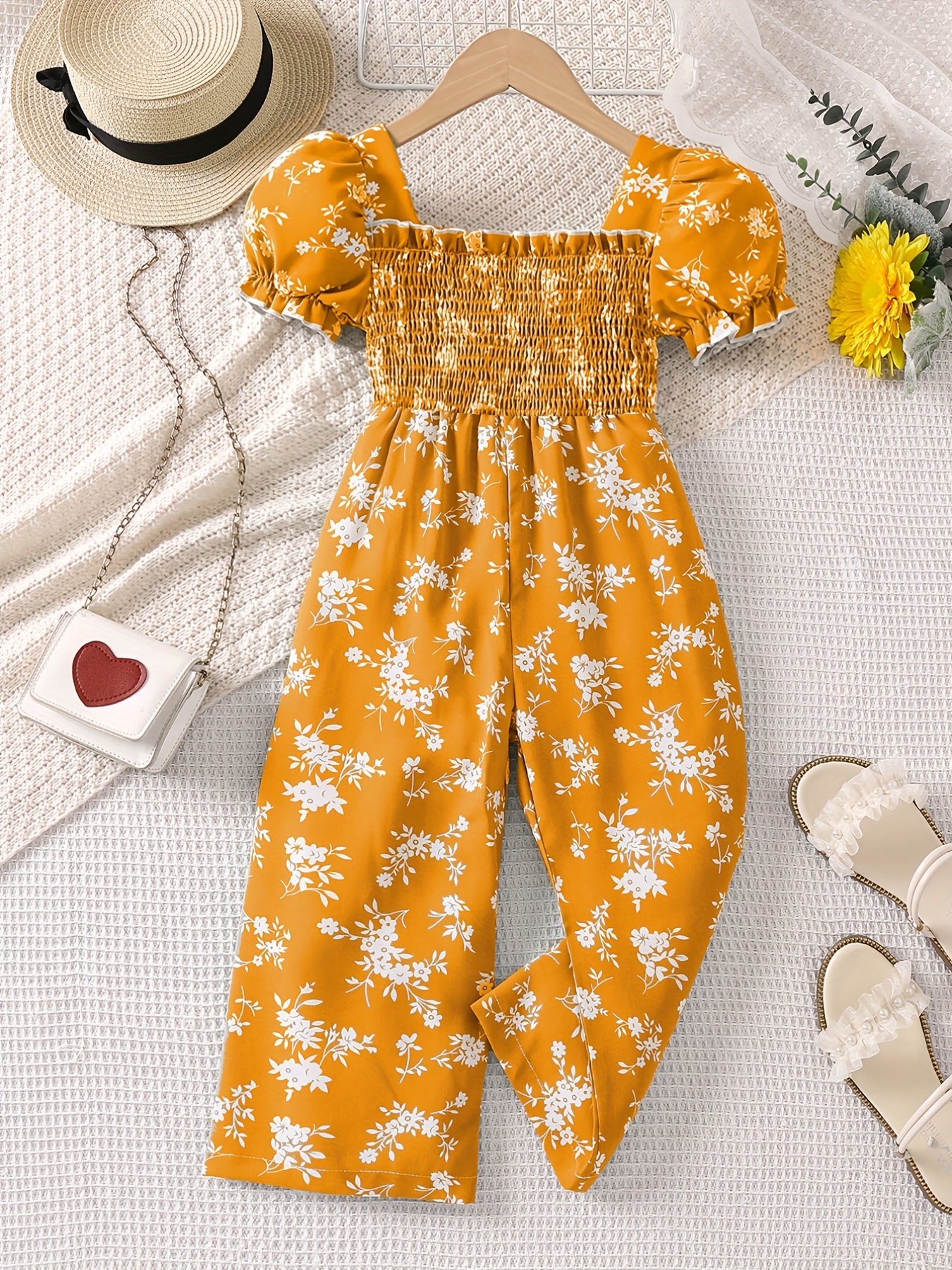 Girls Floral Puff Sleeve Romper, One Shoulder