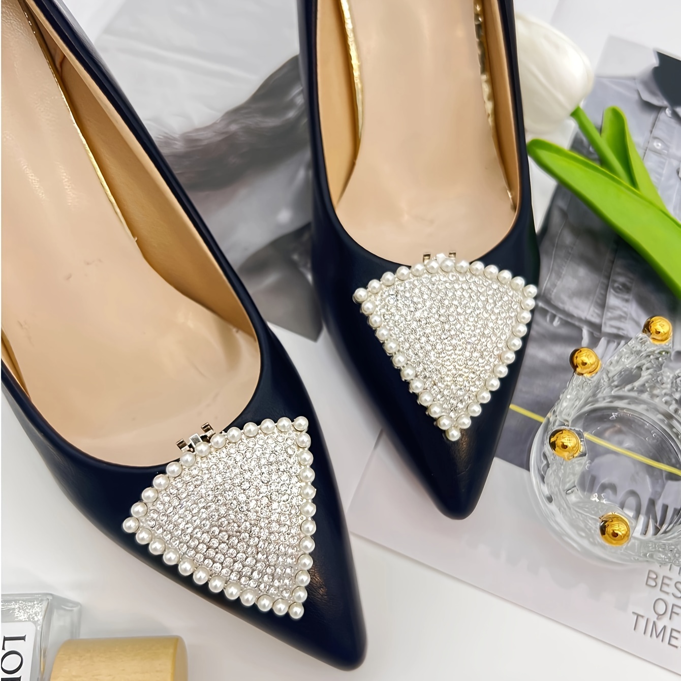 2 Pcs Pearl Rhinestone Shoe Clips Triangle Shape Detachable Shoe