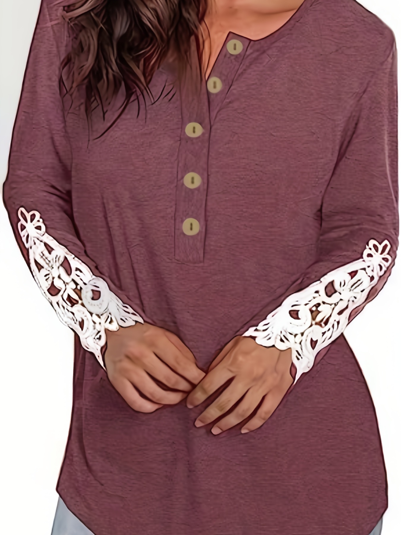 Cutout Contrast Lace Button Front T shirt Casual Ribbed Long - Temu Canada