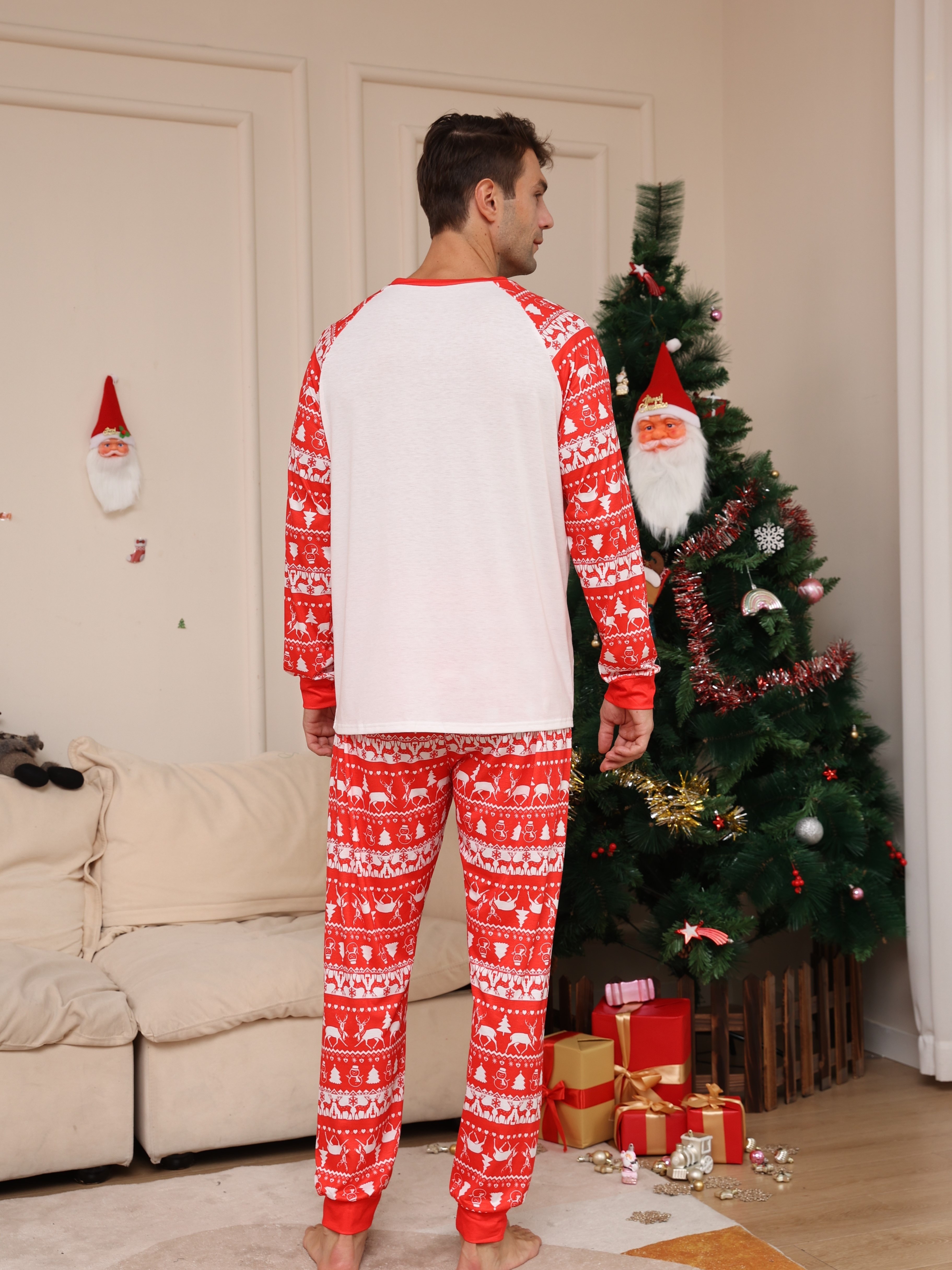 Men's Trendy Casual Christmas Pajamas Sets, Reindeer Cartoon And Graphic  Print Long Sleeve Crew Neck Top & Loose Pants Lounge Wear