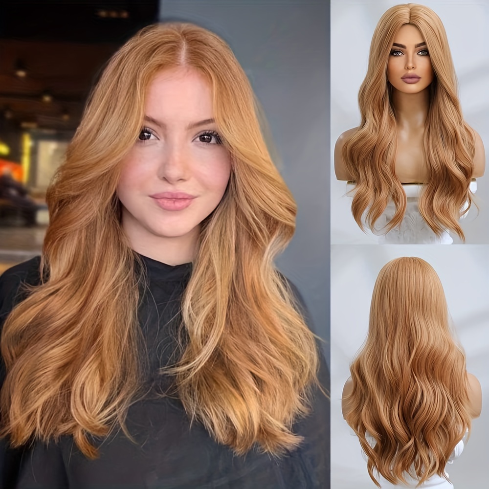 Long Curly Ginger Wigs Wavy Orange Middle Part Wig Synthetic Temu