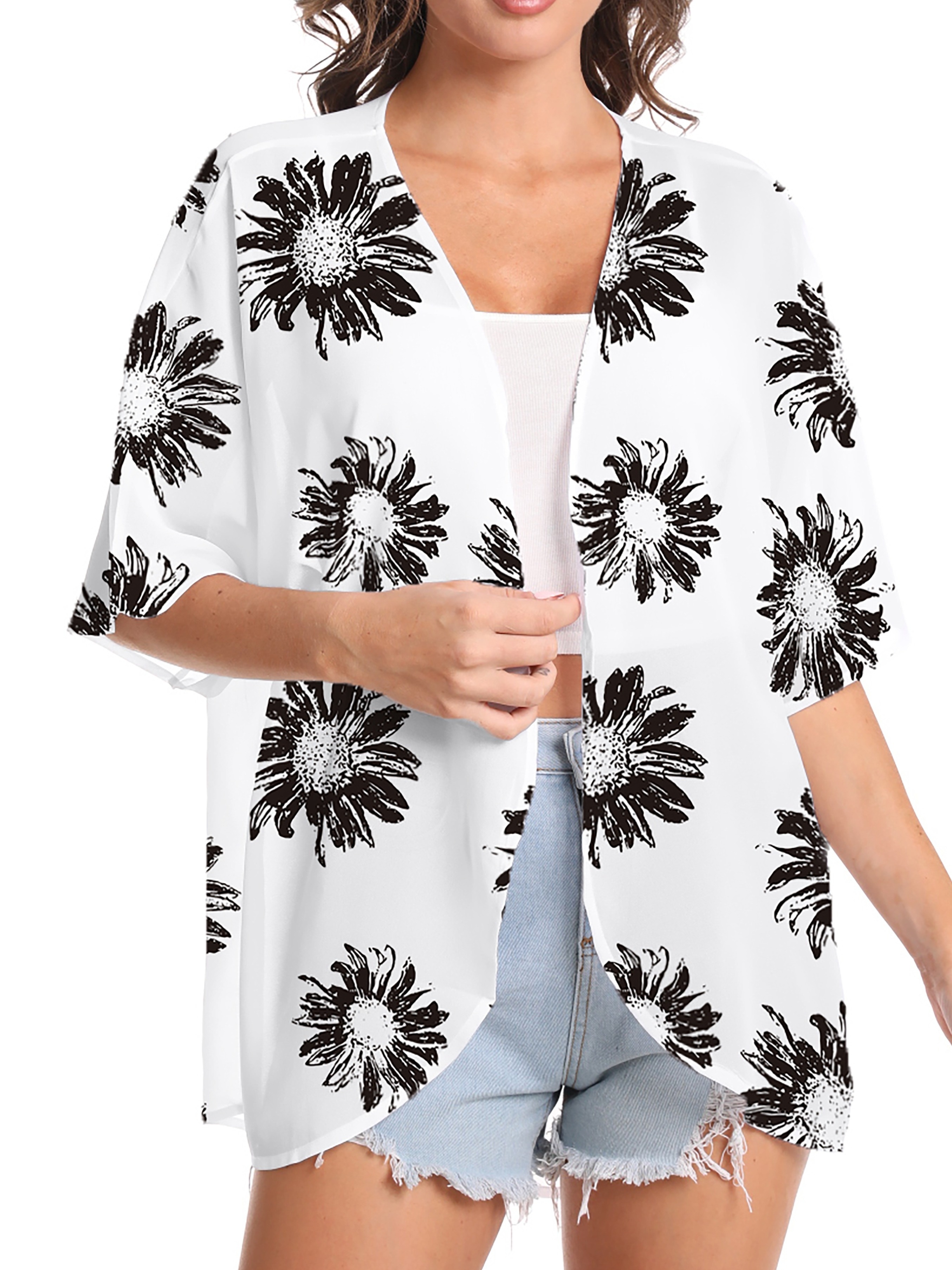 Floral Print Cover Up Cardigan, V Neck Loose Fit Half Sleeves Casual Beach Kimono, Women's Swimwear & Clothing