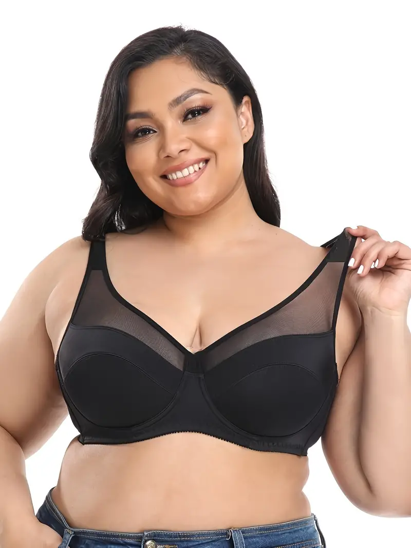Plus Size Contrast Lace No Padding Push Up Bra, Women's Plus Solid High  Stretch Sexy Bralette