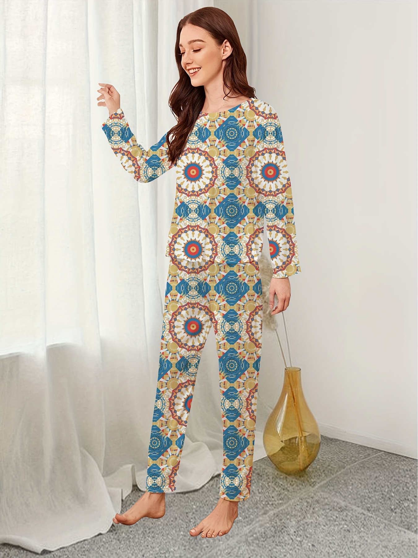 Geometric Print Pajama Set, Long Sleeve Button Up Top & Elastic Waistband  Pants, Women's Sleepwear & Loungewear - Temu Germany