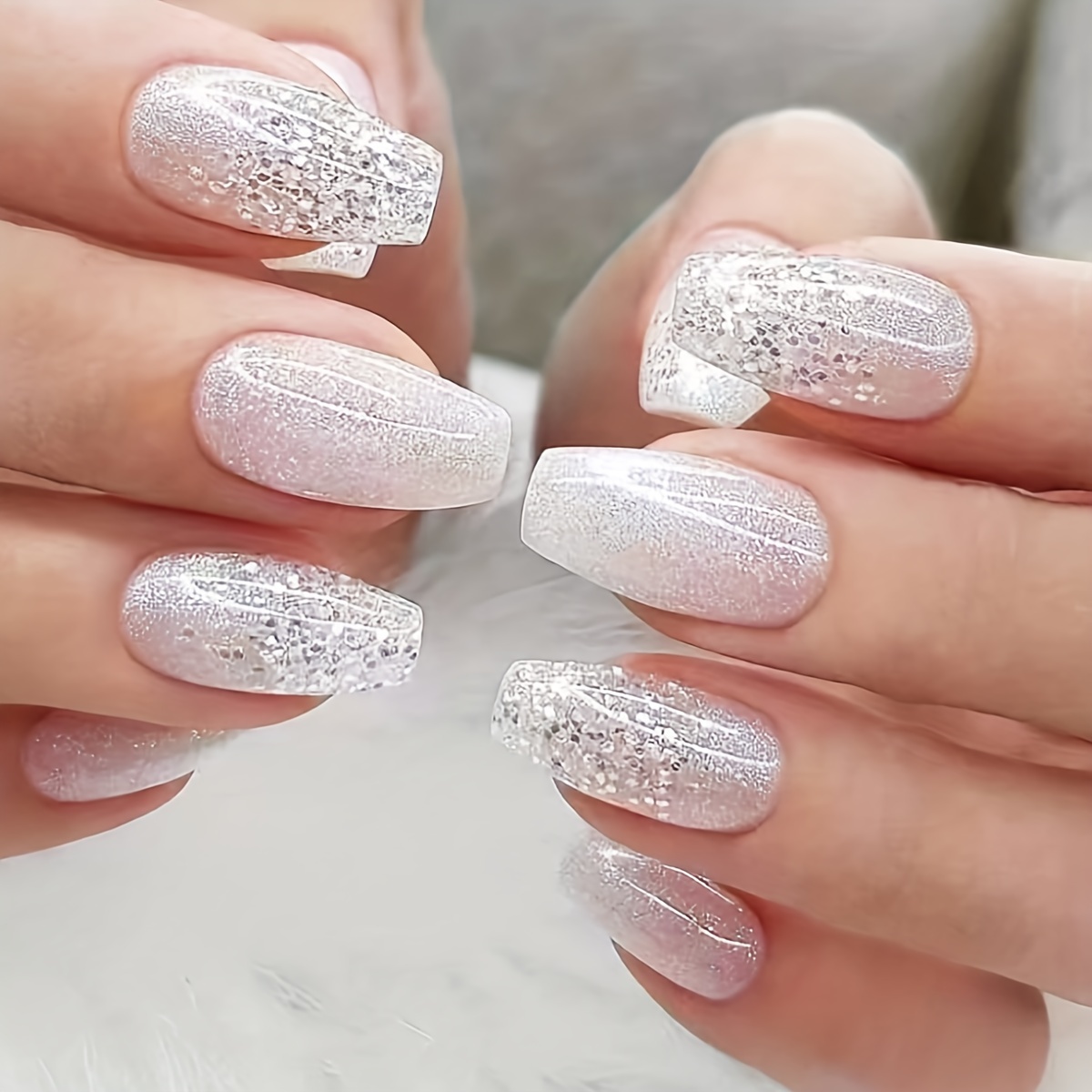 Sparkling White Acrylic Ballerina Press On Nails Full - Temu
