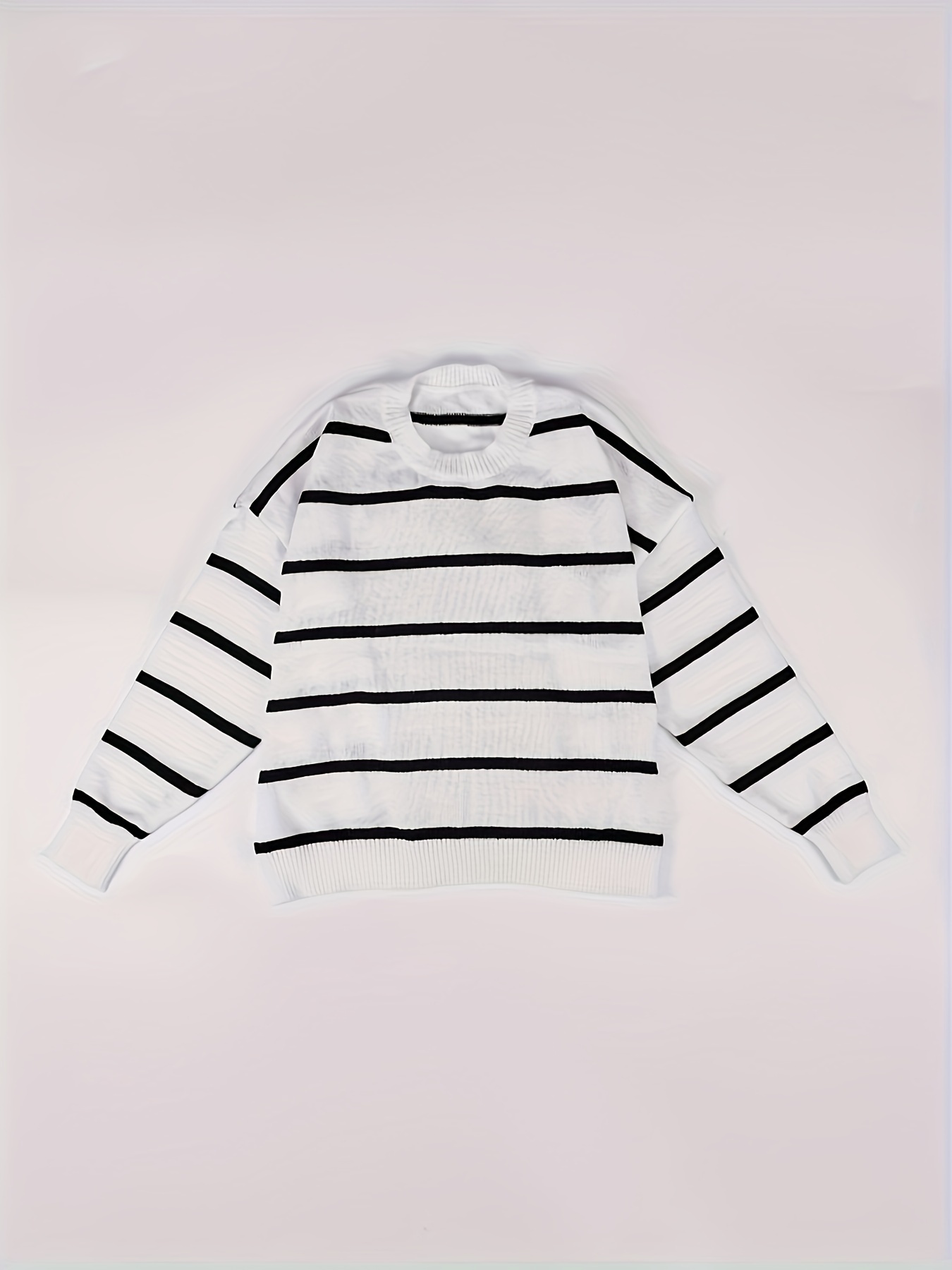 Unisex Long Sleeve Crew Neck Striped Black White Sweater 