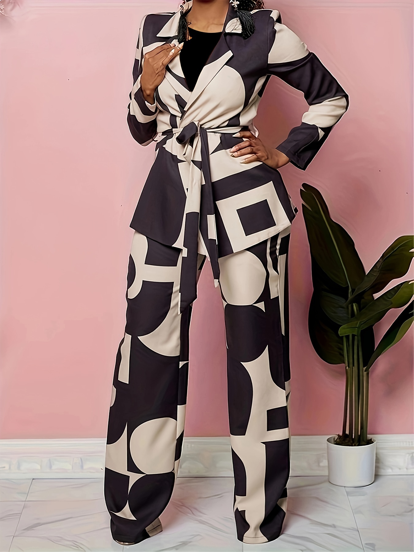 Business Casual Two piece Set Allover Print Notched Collar - Temu Canada