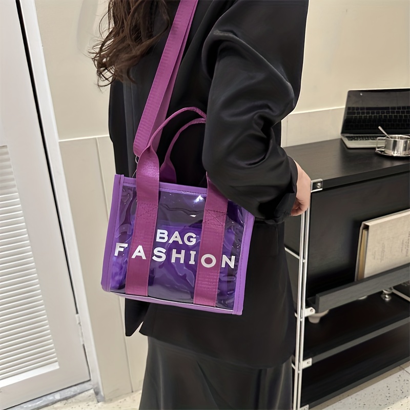 Purple Clear Jelly Tote Bag Zip Transparent Large Tote Purse for