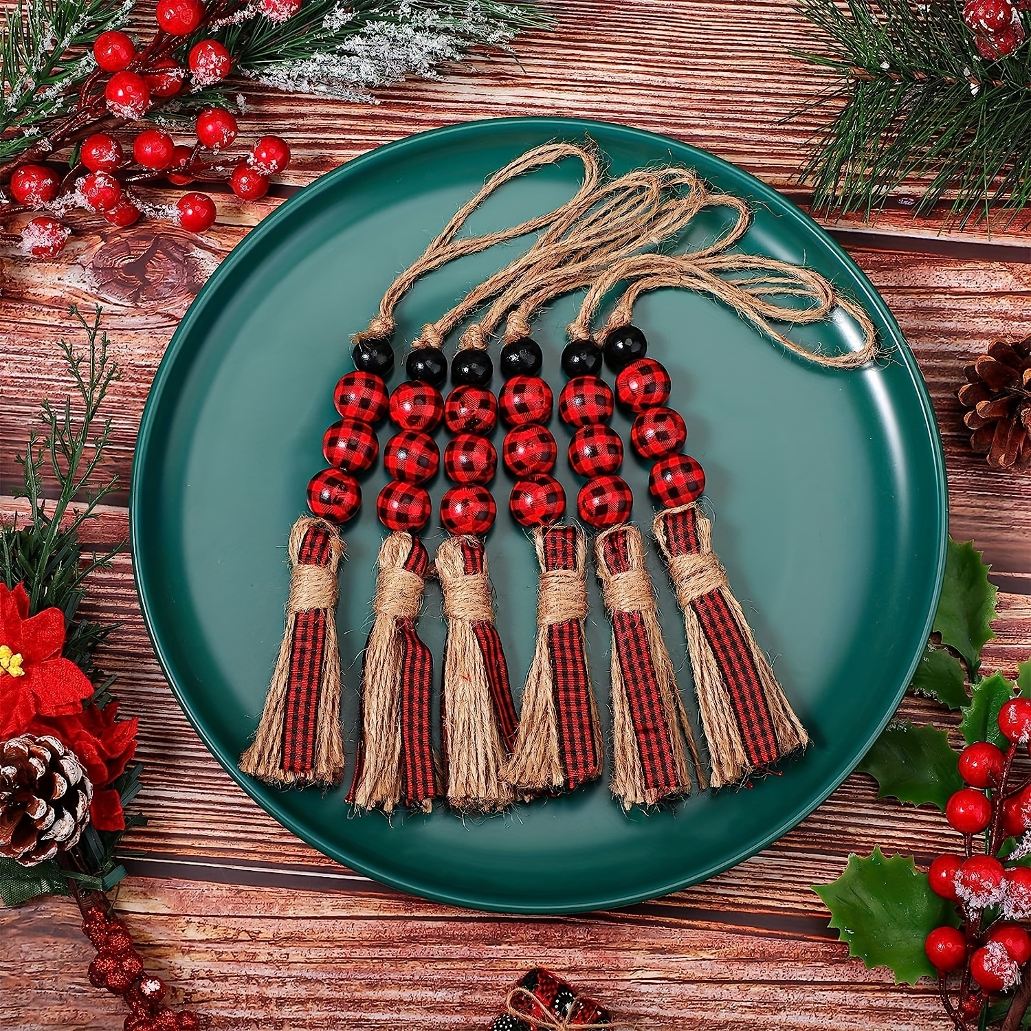 Barn Red Wood Bead Garland with Tassels