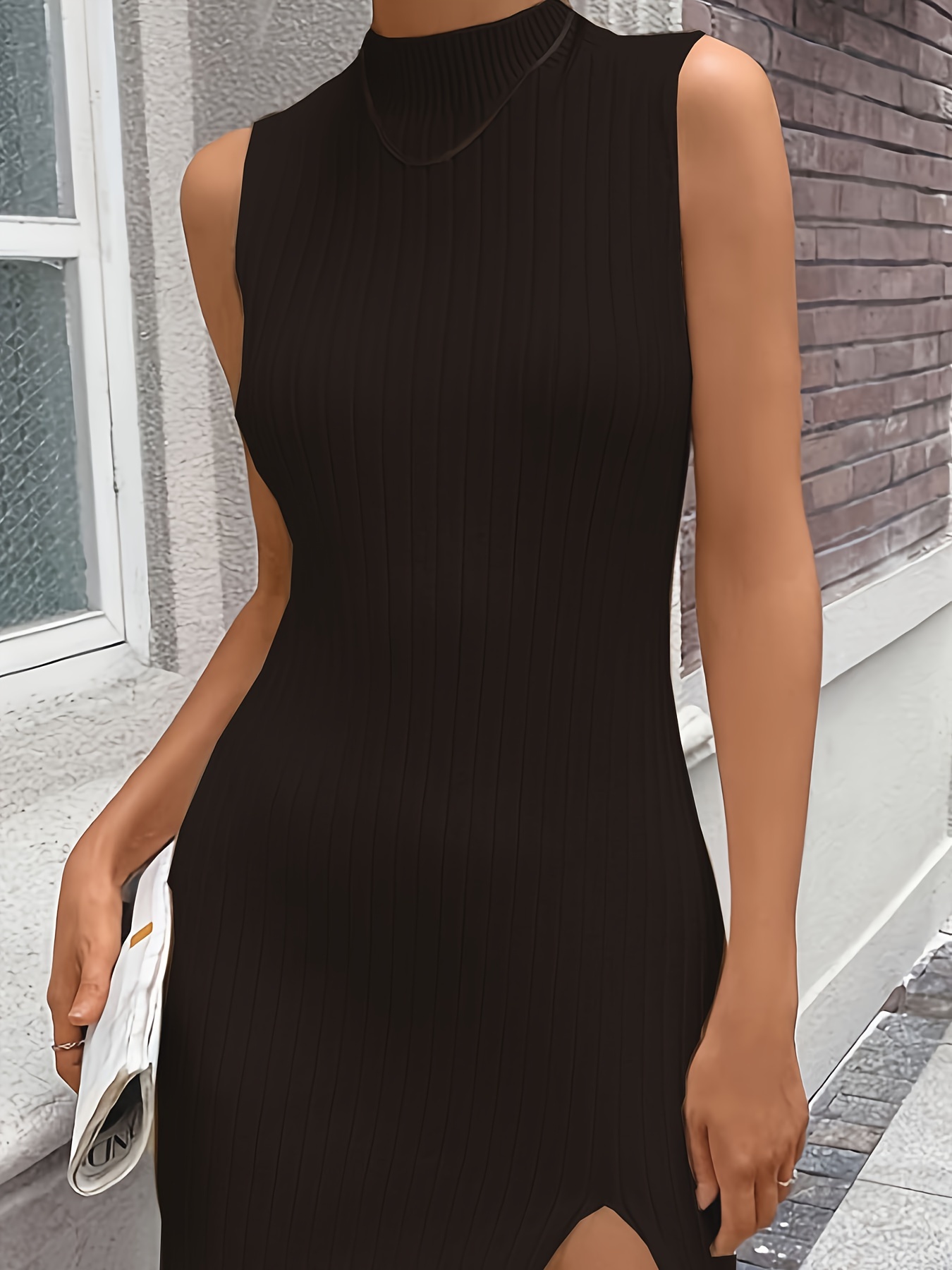 black ribbed high neck split detail bodycon dress Black Tulle A-line Short Sleeves Prom Dresses MP747 main image 0