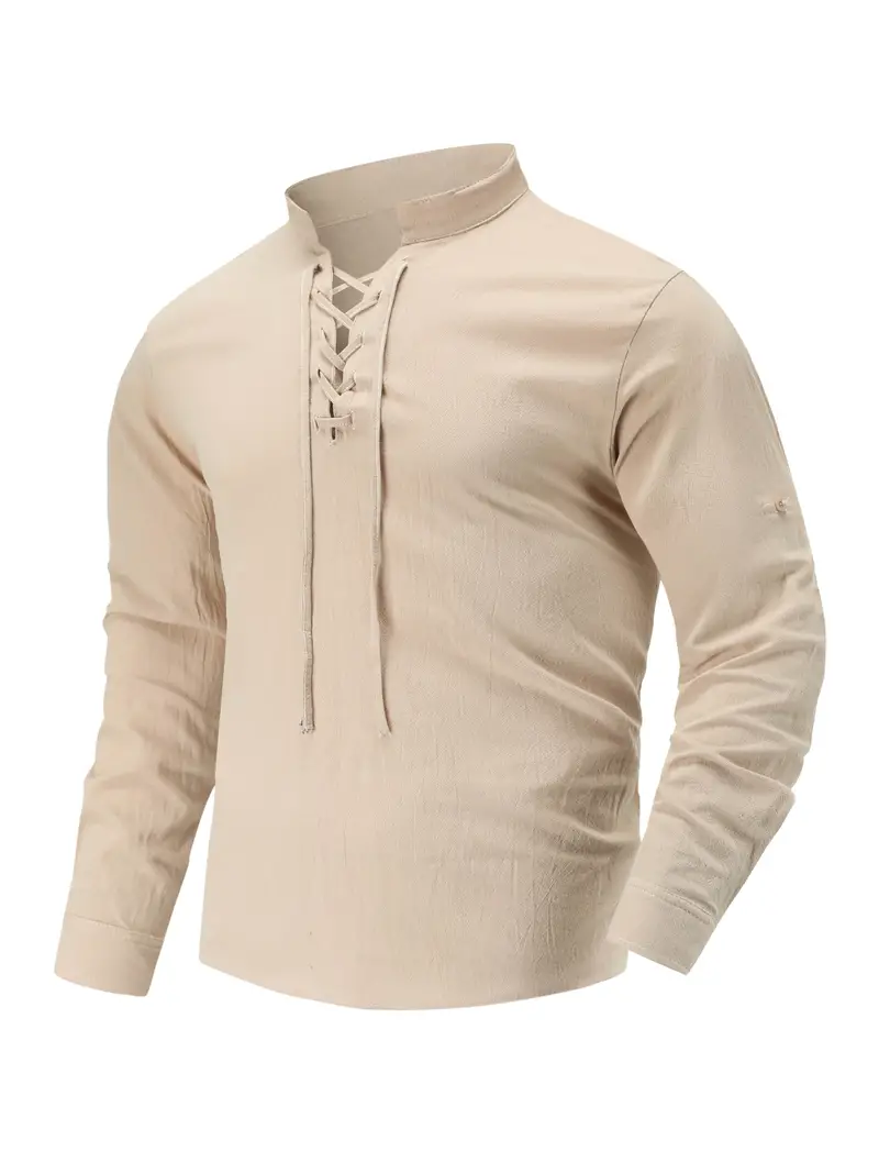 Men's Casual Lace Shirt Solid Color Drawstring Long Sleeve - Temu Canada