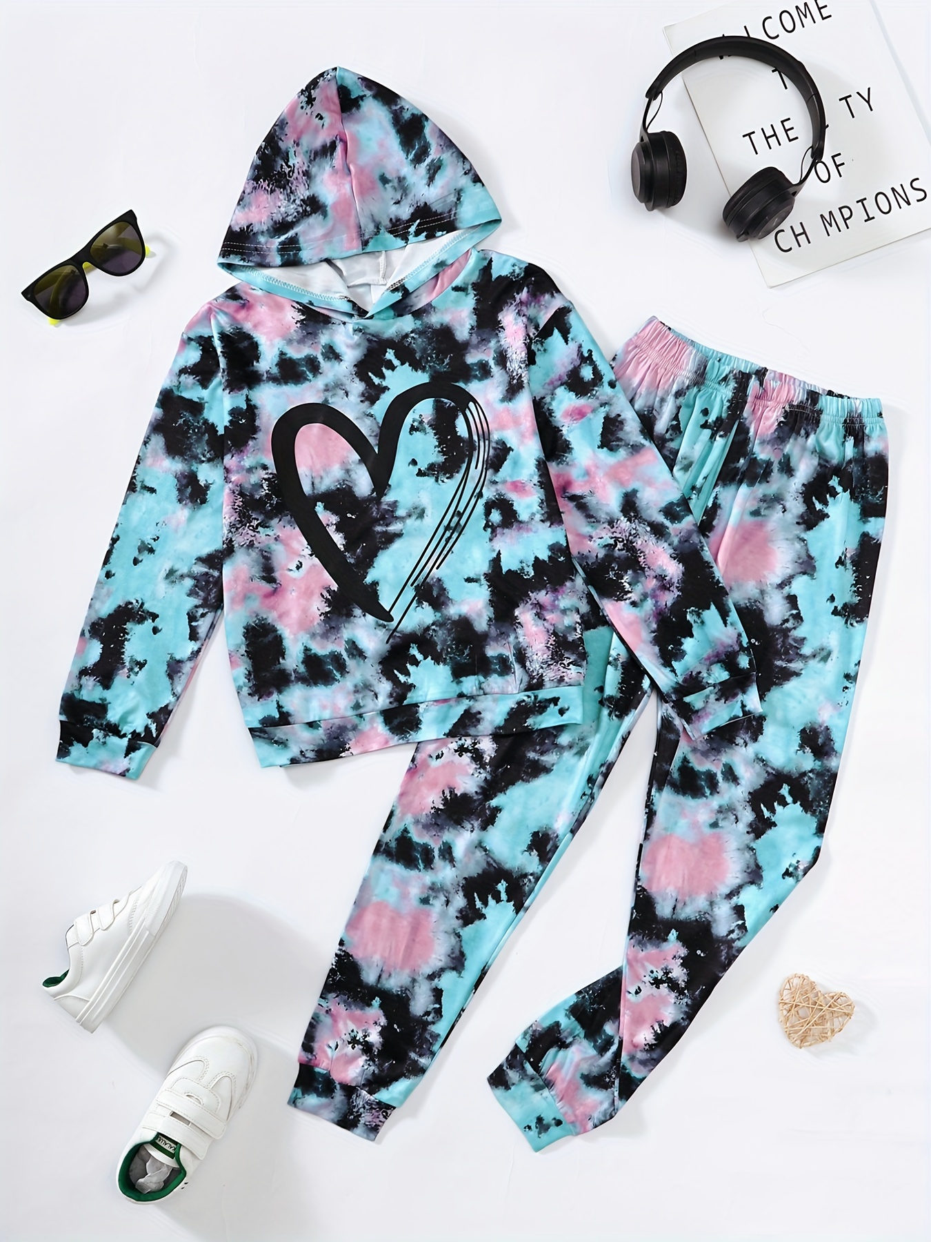 2pcs Girl's Tie-dye Outfit, Daisy Pattern Hoodie & Sweatpants Set, DEAR  GIRL Print Hooded Long Sleeve Top, Kid's Clothes For Spring Fall Winter