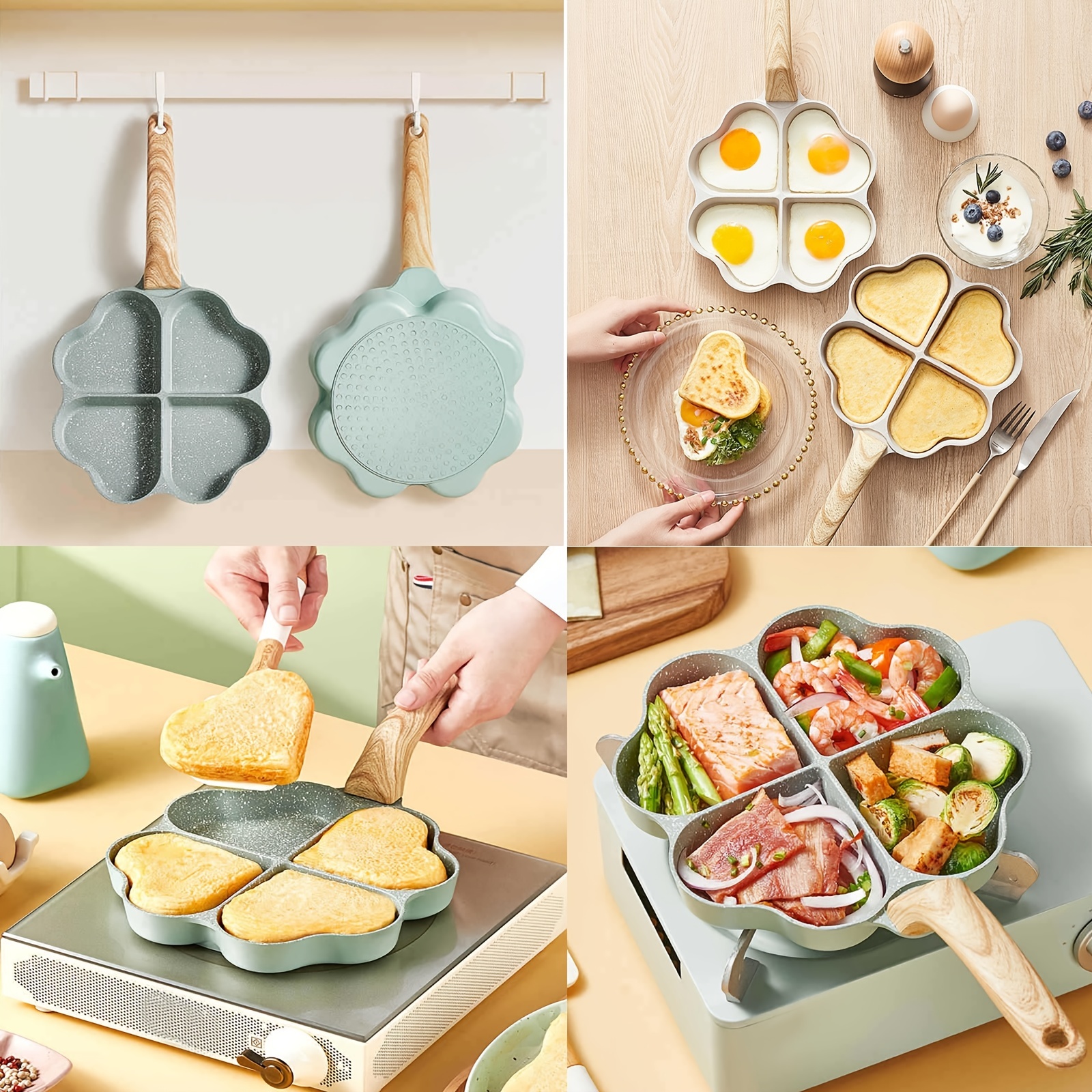 1pc Fry Pan For Egg, Non Stick Ham Pancake Maker, Egg Burger Pan With  Wooden Handle, 4 Holes, For Induction Cooker Gas Stove