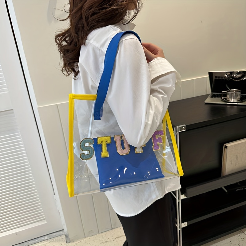 Transparent Pvc Beach Bag, Chenille Letter Decor Summer Jelly Tote Bag,  Large Capacity Waterproof Shoulder Bag With Inner Bag - Temu