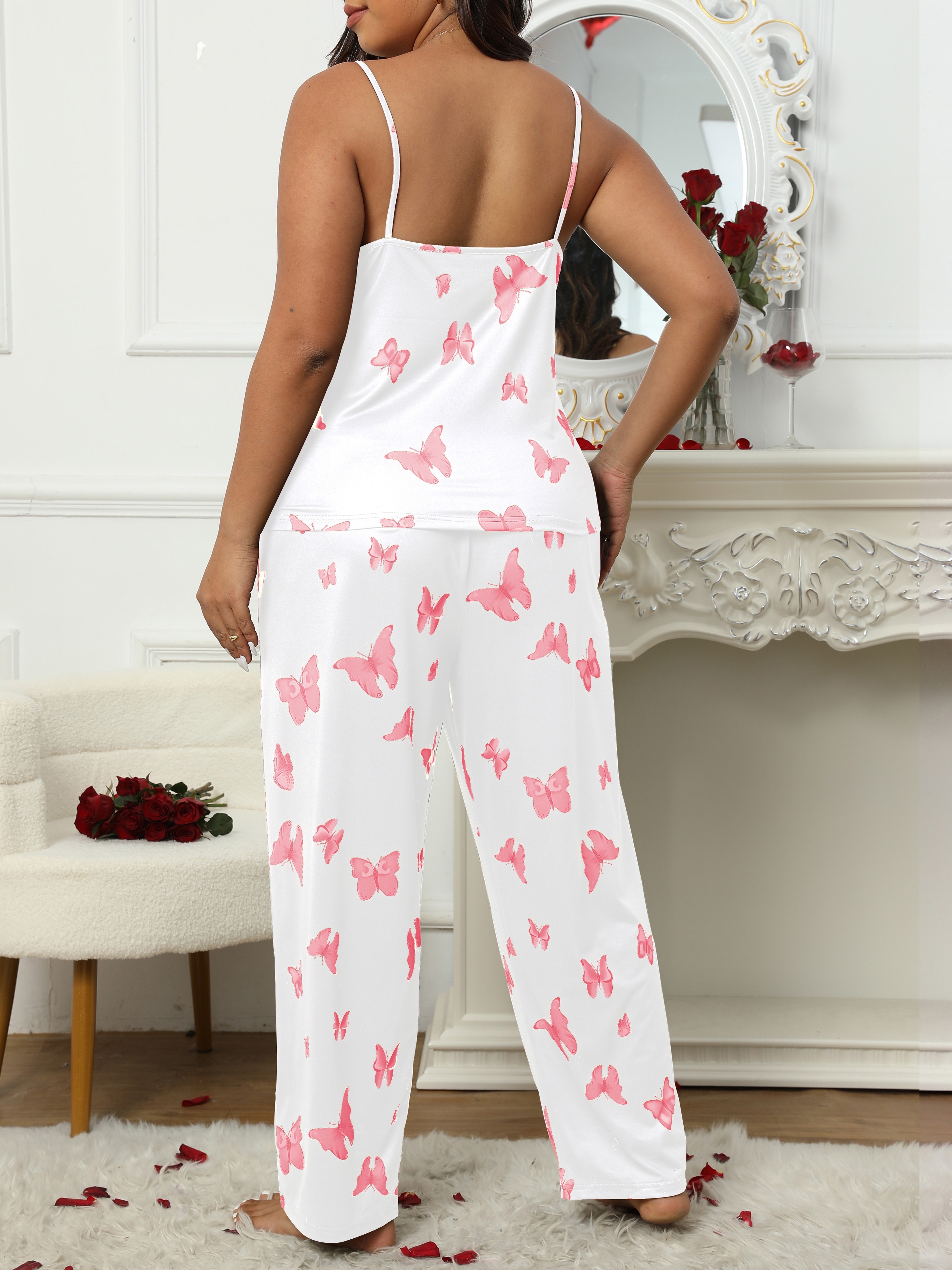 Women's Casual Pajamas Set Plus Size Butterfly Print Round - Temu Canada