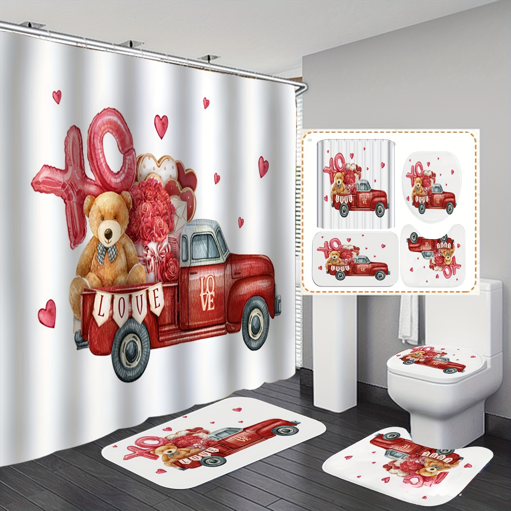 Juego Cortinas Ducha Estampado Rosas Rojas 1/4 Piezas - Temu