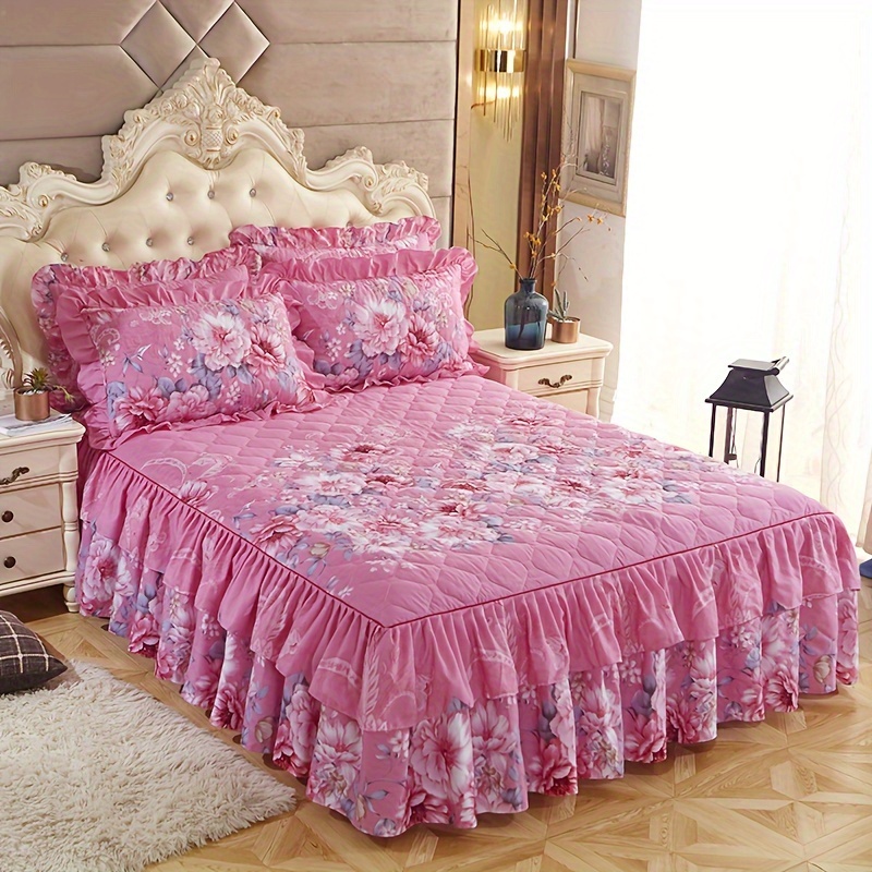 

3pcs Layered Macrame Bed Skirt Set (bed Skirt *1+ Pillowcase*2, Without Core), Flower Printed All Seasons Universal Non-slip Bedding Set, Thickened Bedroom Queen Size Bedding