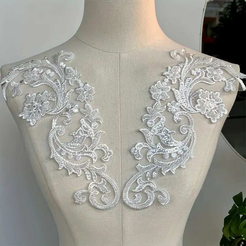 1 Pair Lace Flower Applique, Bead Pearl Patches Embroidery Floral Beaded  Sequins Motif Rhinestones Trim Fabric Sew On Appliques For Sewing Wedding  Bri