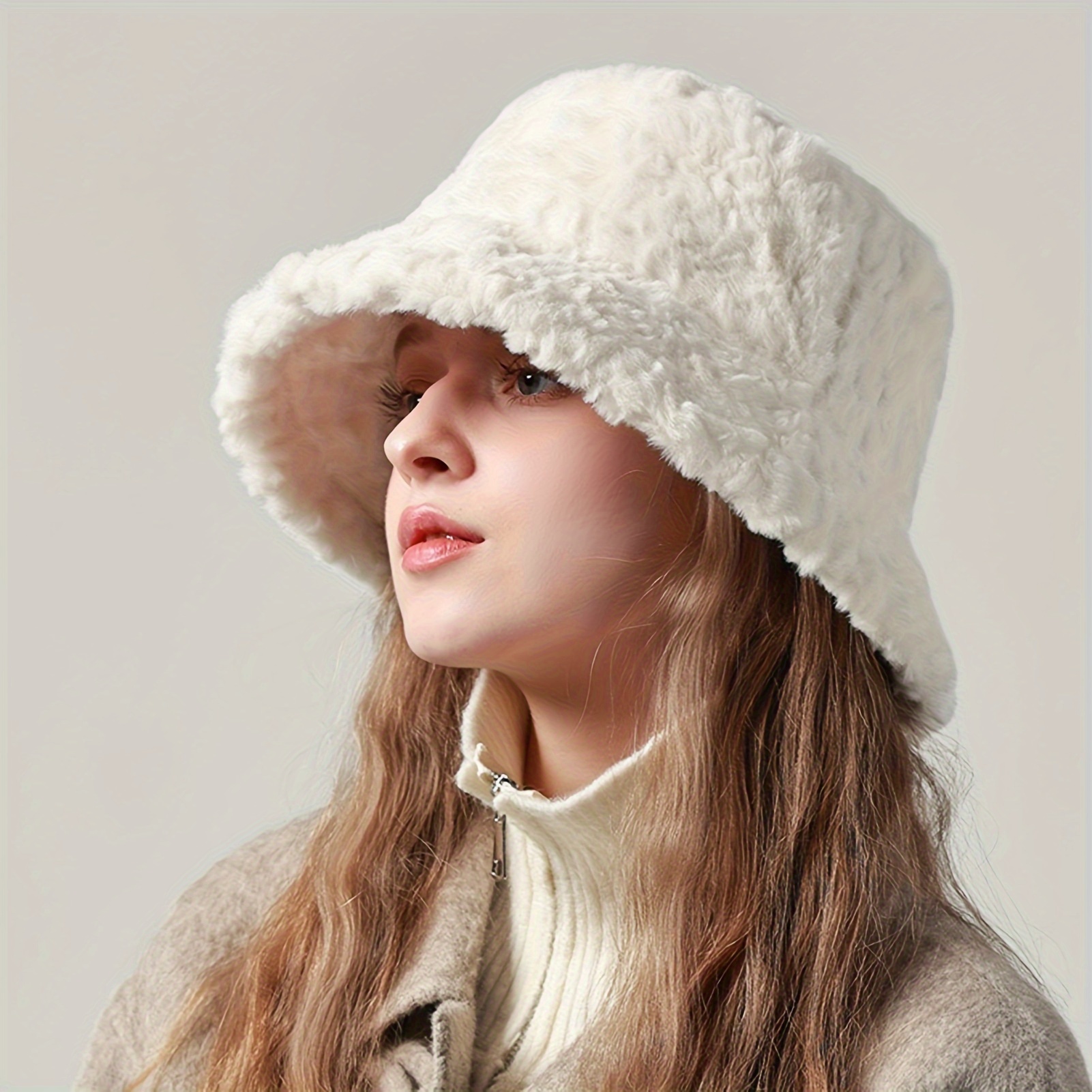 Solid Color Fuzzy Bucket Hat For Women Elegant Faux Fur - Temu