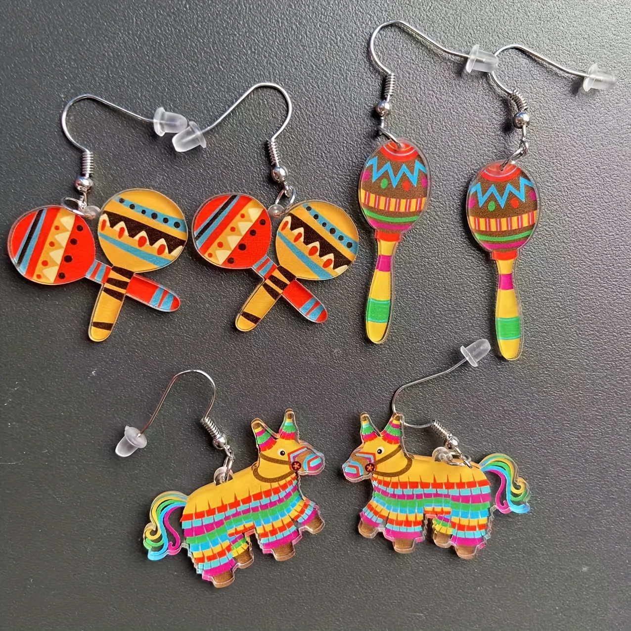 

3 Pairs, Mexican Traditional Festival Earrings, Unique Acrylic Earrings Fashion Charm Accessories Perfect Gift