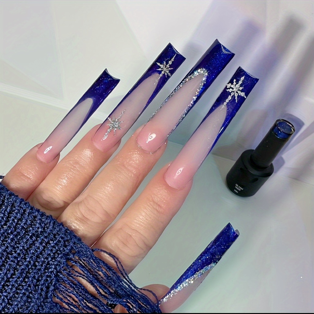 Coffin Long False Nail Glitter Blue French Press on Nails for Nail