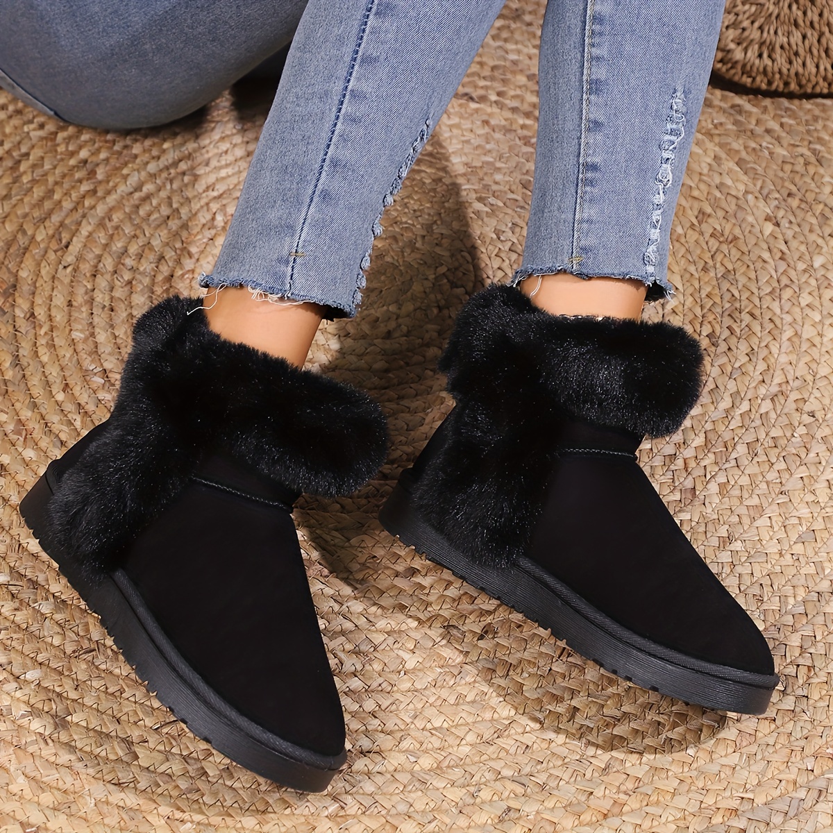 womens faux fur lined snow boots thermal slip on fluffy furry ankle boots winter warm outdoor flat shoes details 7