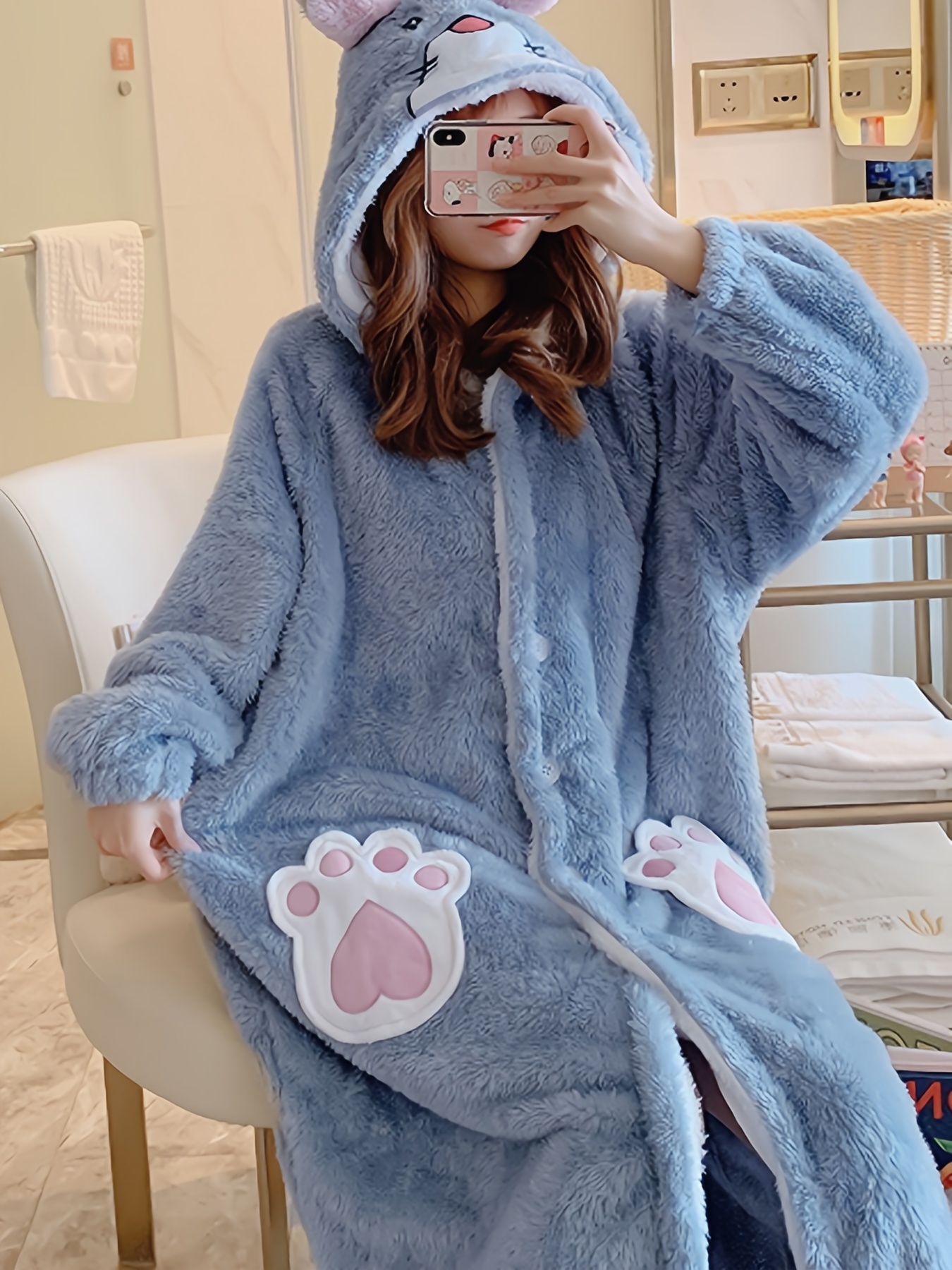 Cute Cartoon Animal Pattern Bathrobe Warm Fuzzy Hooded - Temu