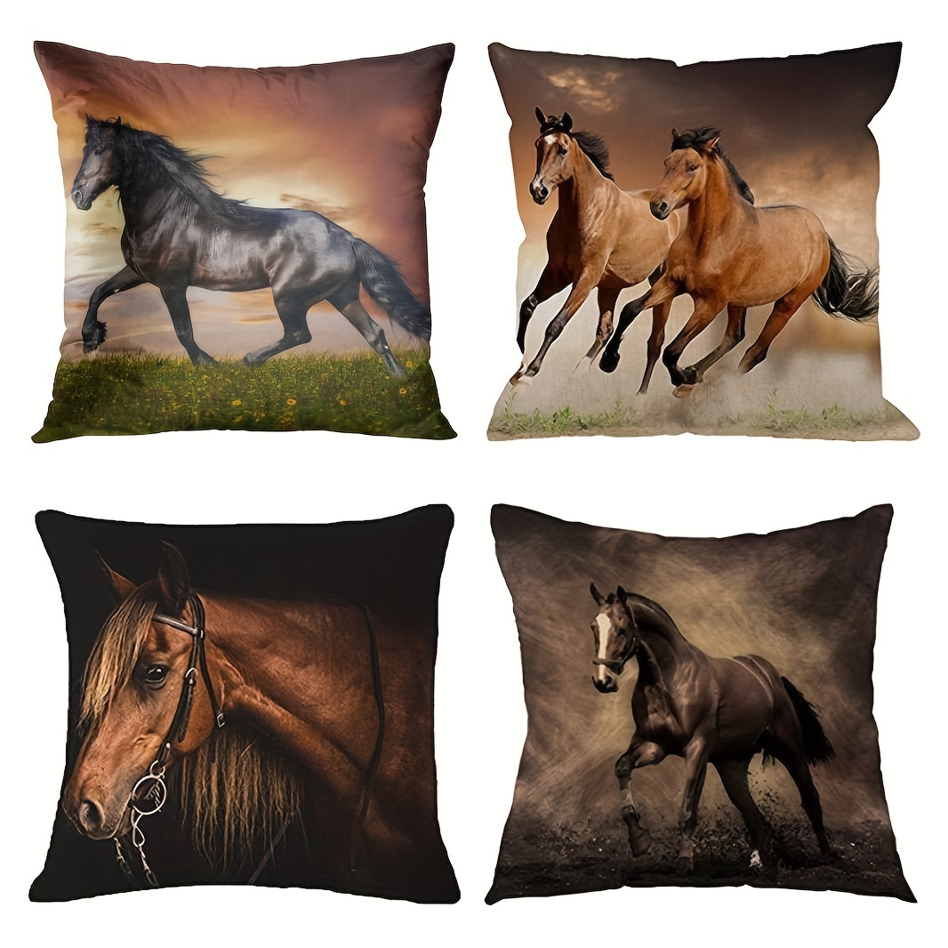 

4pcs, Brown Black Horse Square Polyester Cushion Cover, Throw Pillow Cover, Bedroom Accessories, Sofa Cushion Cover, Living Room Throw Pillow Cover (no Pillow Core)