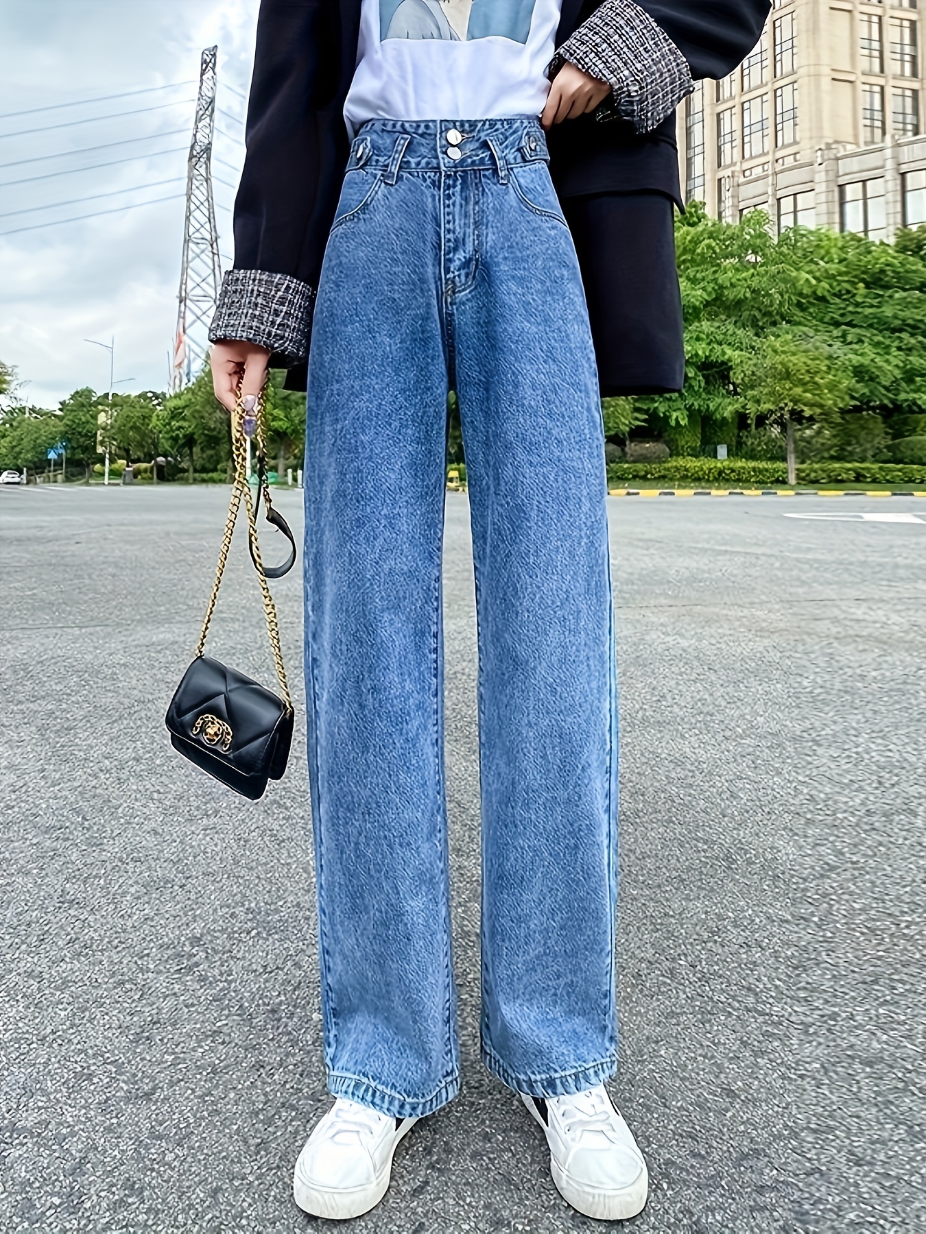 Light Blue Versatile Straight Jeans Loose Fit Slash Pockets - Temu