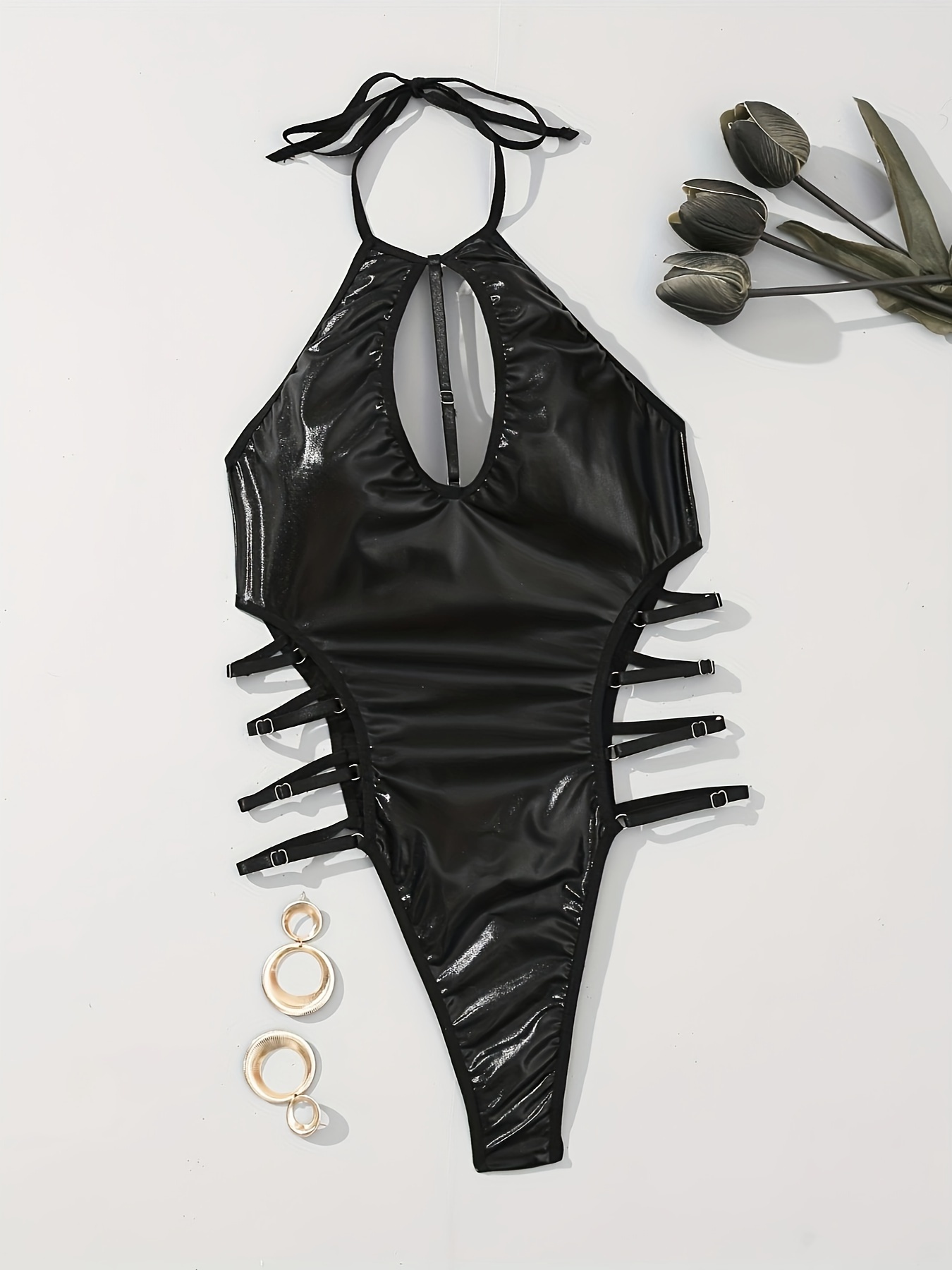 Black Faux Leather Cut Out Strappy Back Garter Thong Bodysuit Lingerie