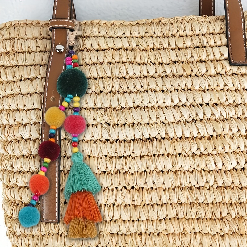 Women Colorful Boho Pom Pom Tassel Bag Charm Key Chain Fashion Jewelry