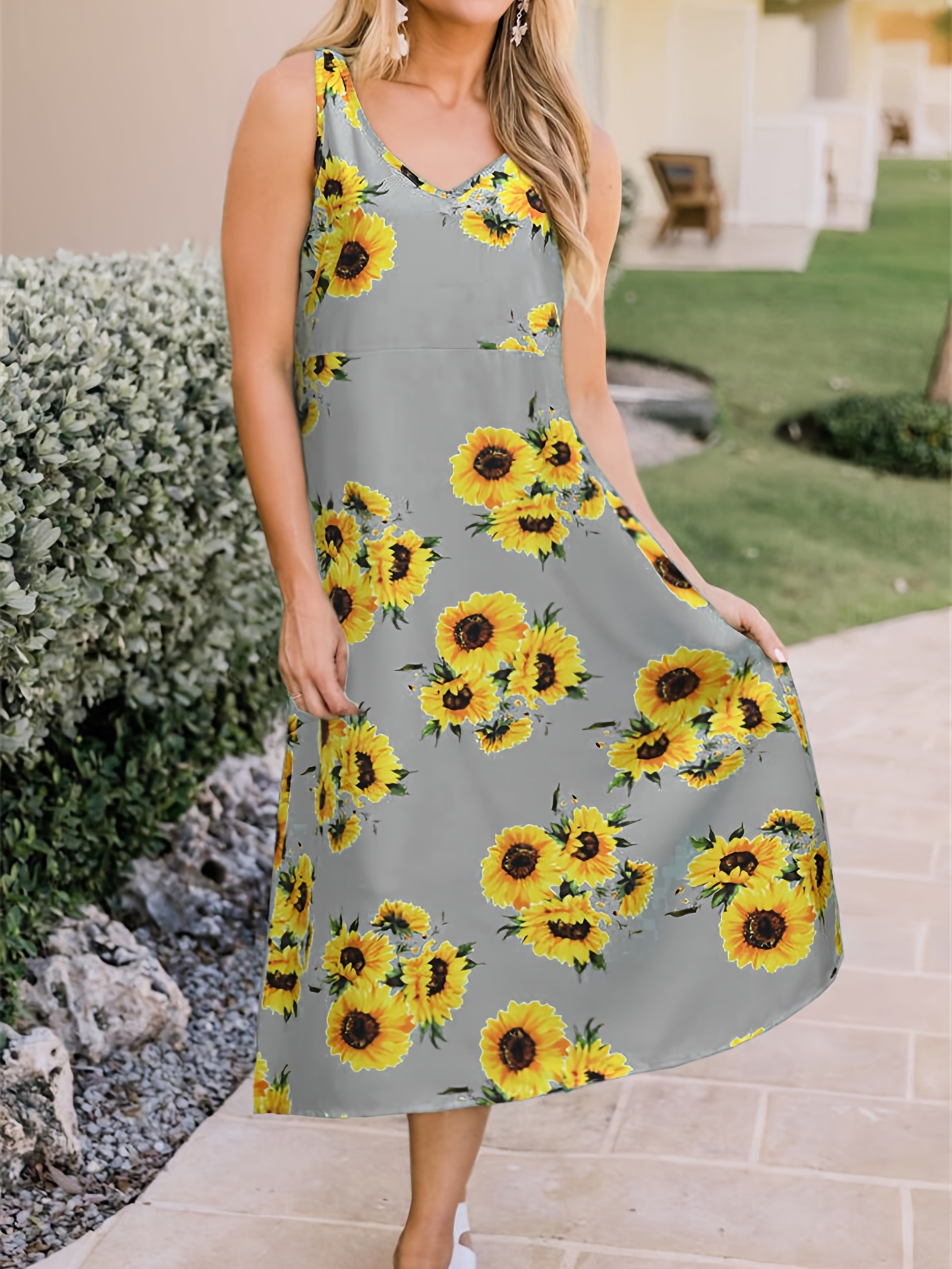 Sunflower Print Sleeveless Dress Boho Casual V Neck Maxi Dress