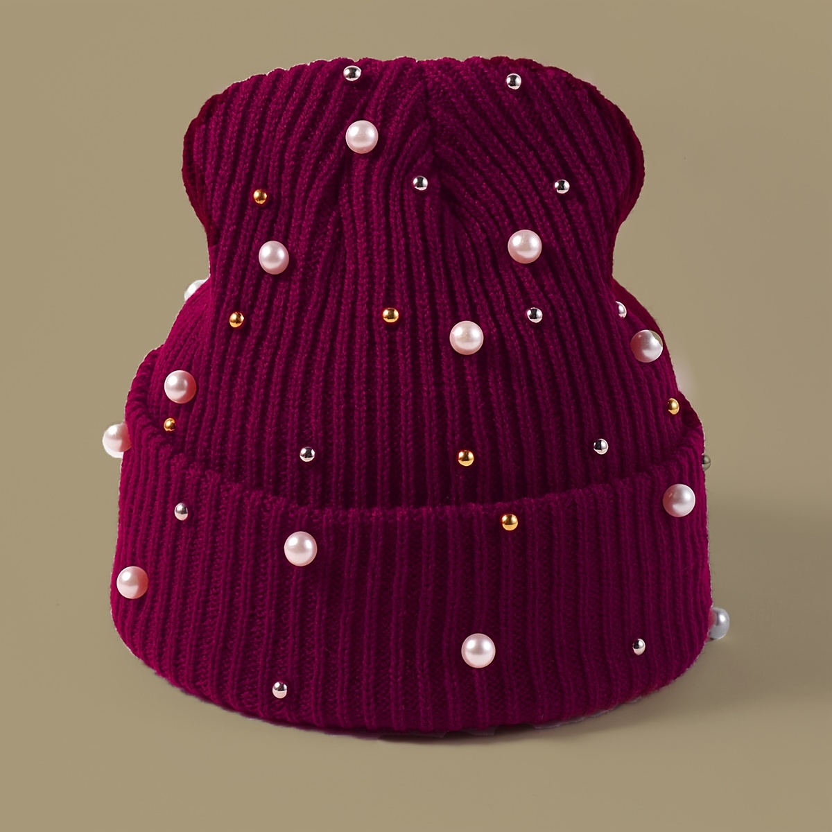 Faux Pearl Beanie Hat Classic Winter Warm Knitted Hat For Women