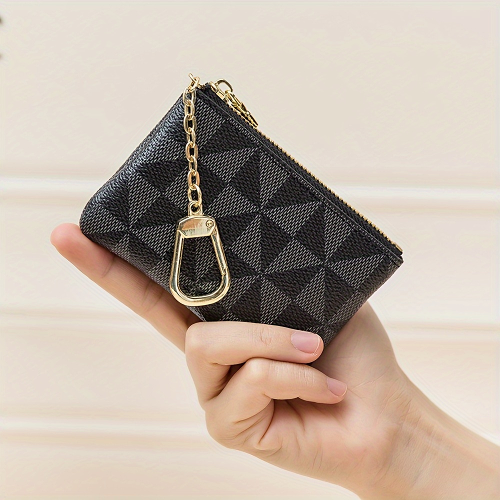 Mini Geometric Pattern Printed Coin Purse With Chain & Key Ring