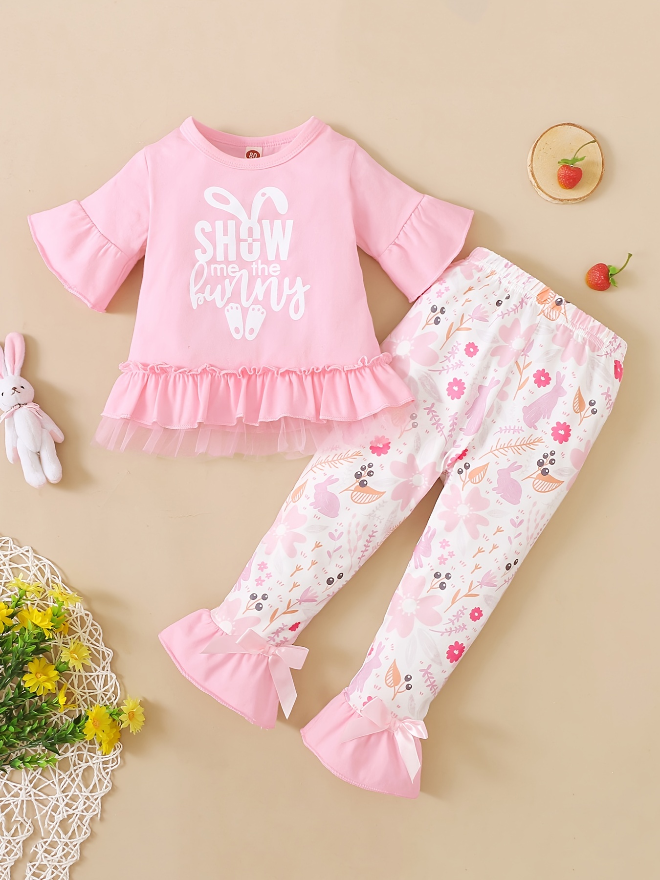 Toddler Baby Girls Easter Clothes Short Sleeve Bunny Print * Hem Top +  Flare Pants Set Kids Clothes