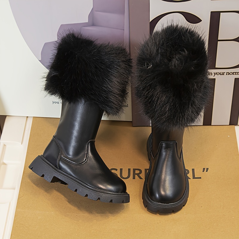Botas De Nieve De Piel Cálida De Invierno Para Niños, Zapatos Peludos  Negros Para Niñas, Calzado