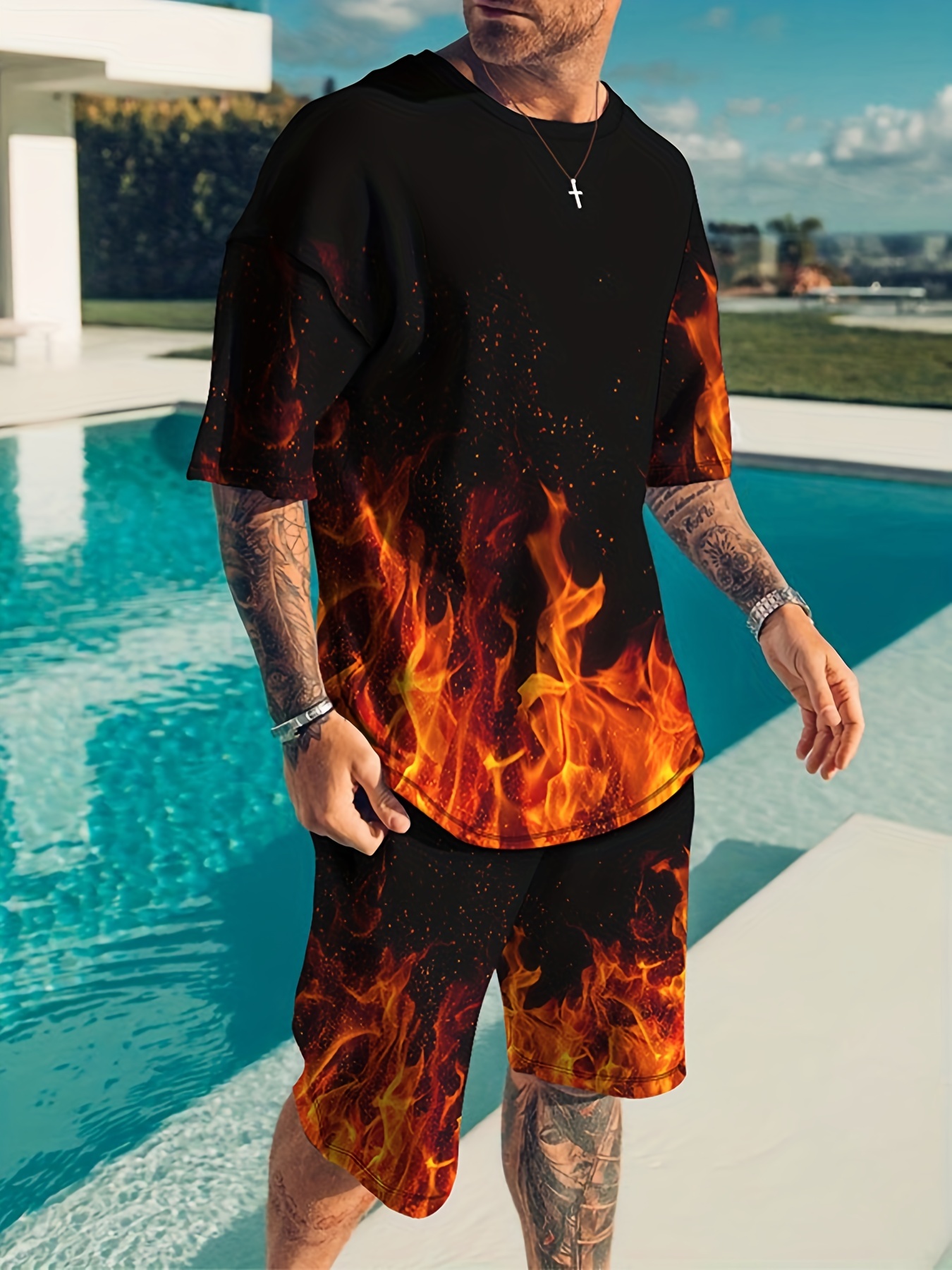 Sportswear Men's Flame Graphic T shirt Comfy Shorts Outdoor - Temu