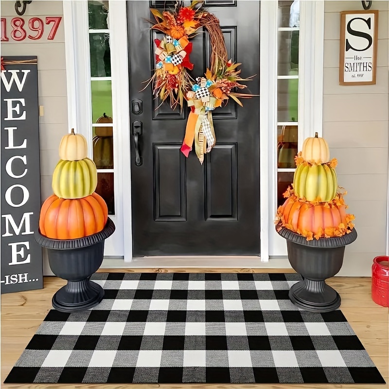 

1pc Buffalo Plaid Rug, Halloween Decorative Doormat, Buffalo Check Rug, Black And White Washable Checkered Outdoor Rug Carpet For Farmhouse Living Room/dining Room/bedroom