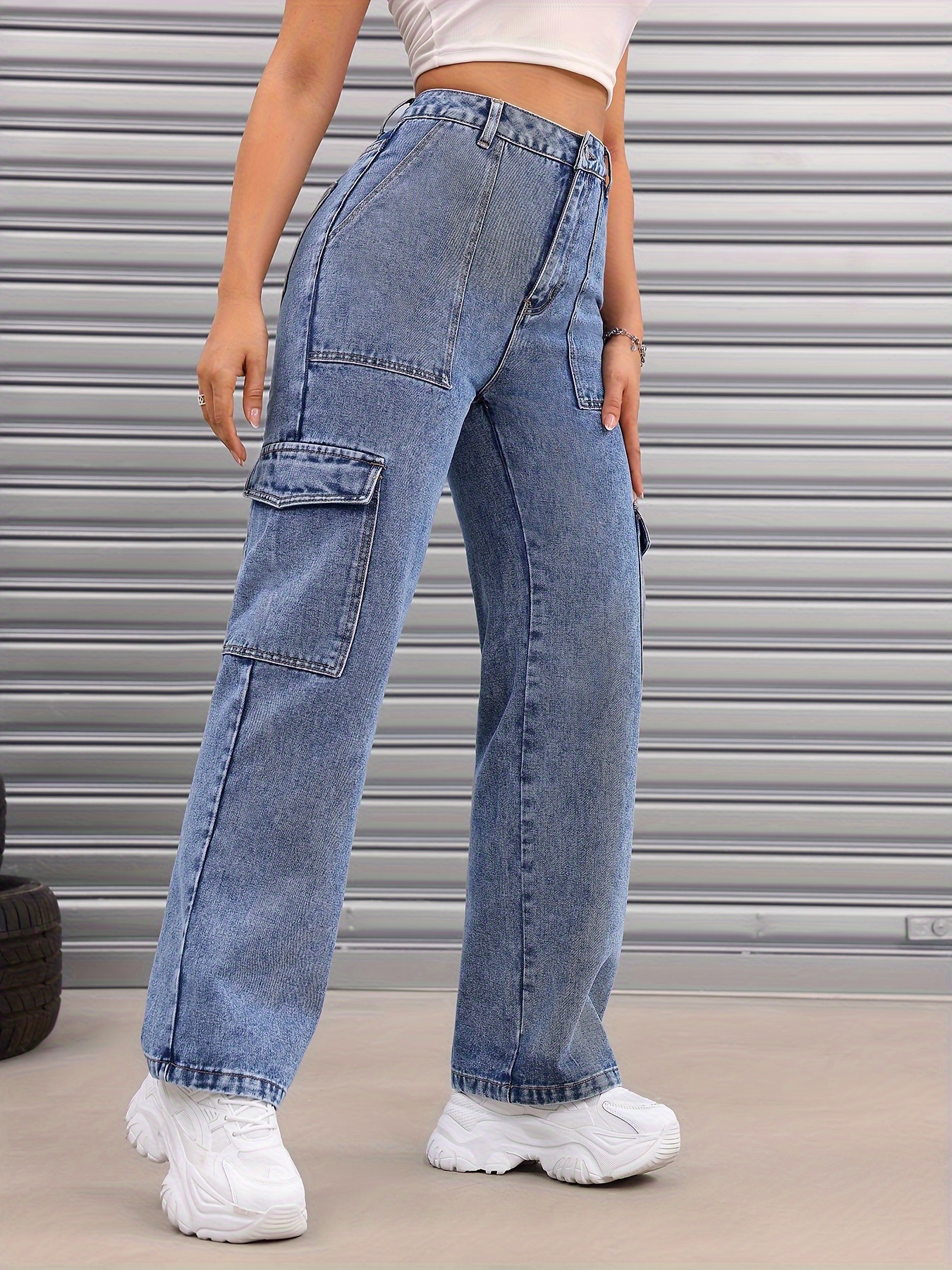 Blue Adjustable Button Waist Tapered Jeans, Slant Pockets Straight Legs  Denim Pants, Women's Denim Jeans & Clothing