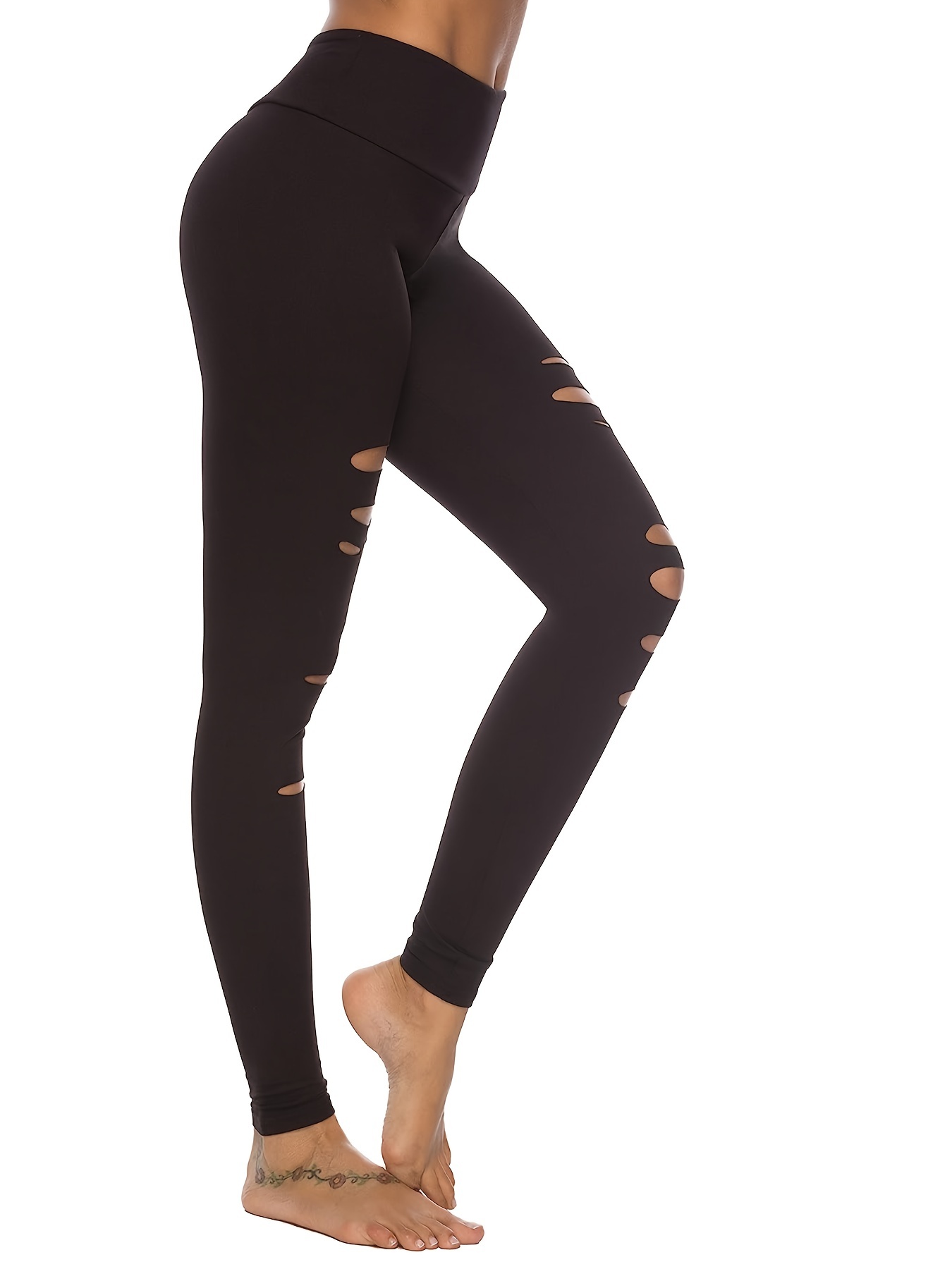 Ripped Yoga Sports Leggings Slim Hollow Workout Running - Temu