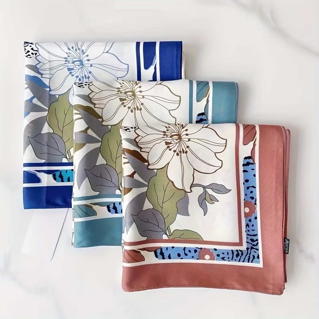 Flower Print Shawl Classic Silk Square Scarf Neckerchief for Women