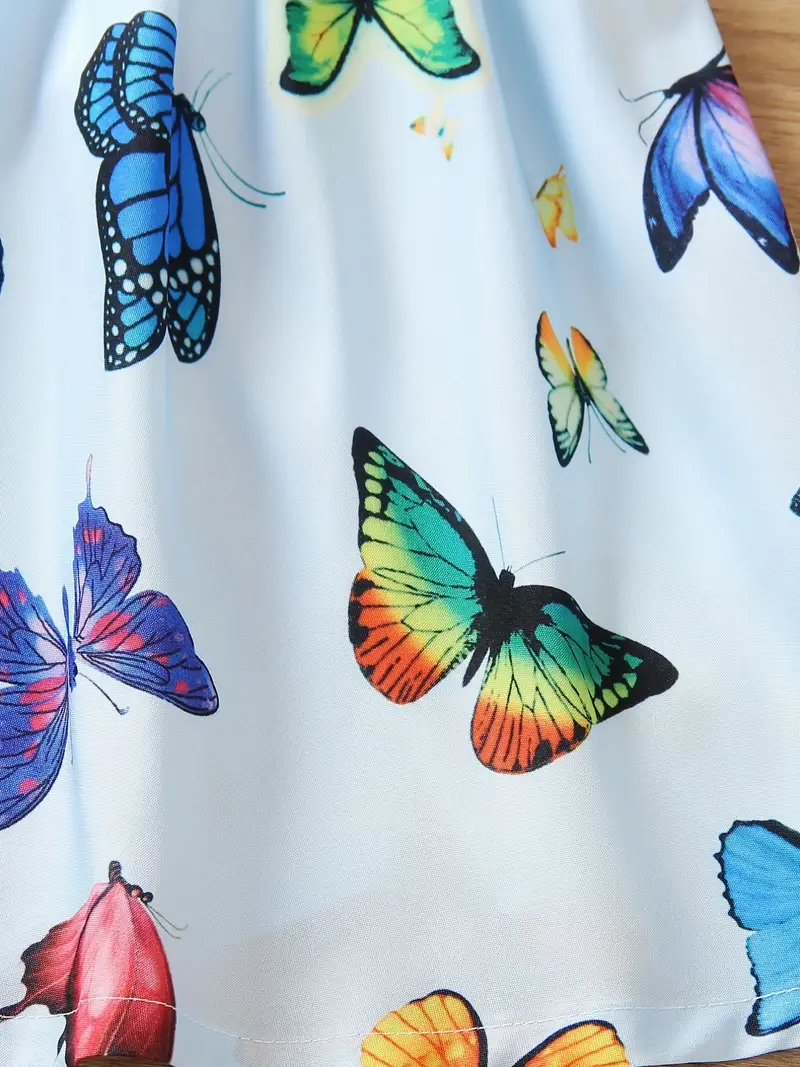 toddler girls puff sleeve frill trim shirred colorful butterfly graphic princess dress for party beach vacation cute romantic kids summer clothes details 10