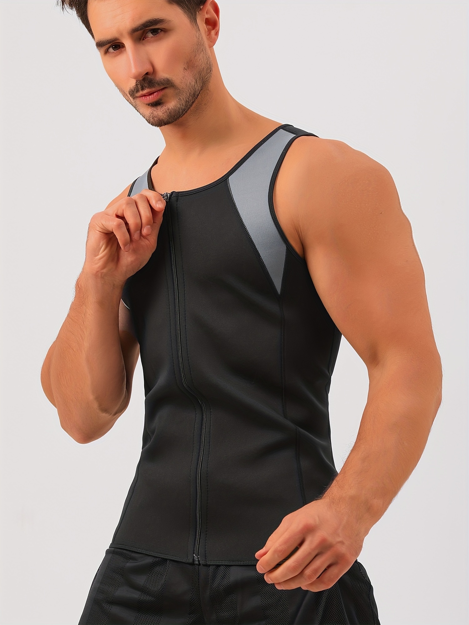 Men's Compression Skinny Tank Top, Zip Up Waist Sweat Vest, Neoprene Sauna  Suit, Body Shaper