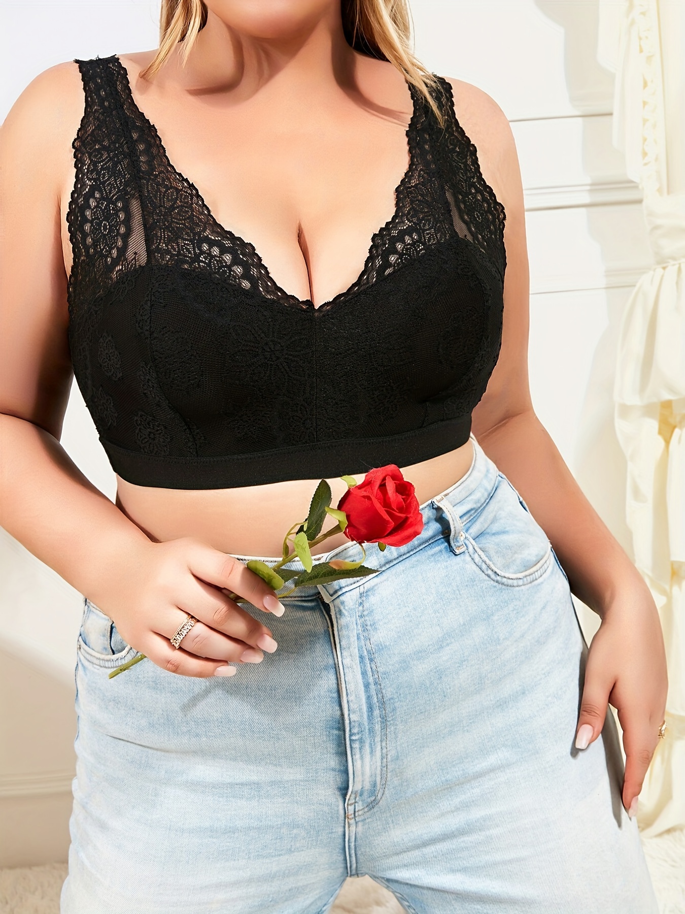 Plus Size Romantic Bra, Women's Plus Floral Lace Full Cover Wide Straps  Wireless Bra