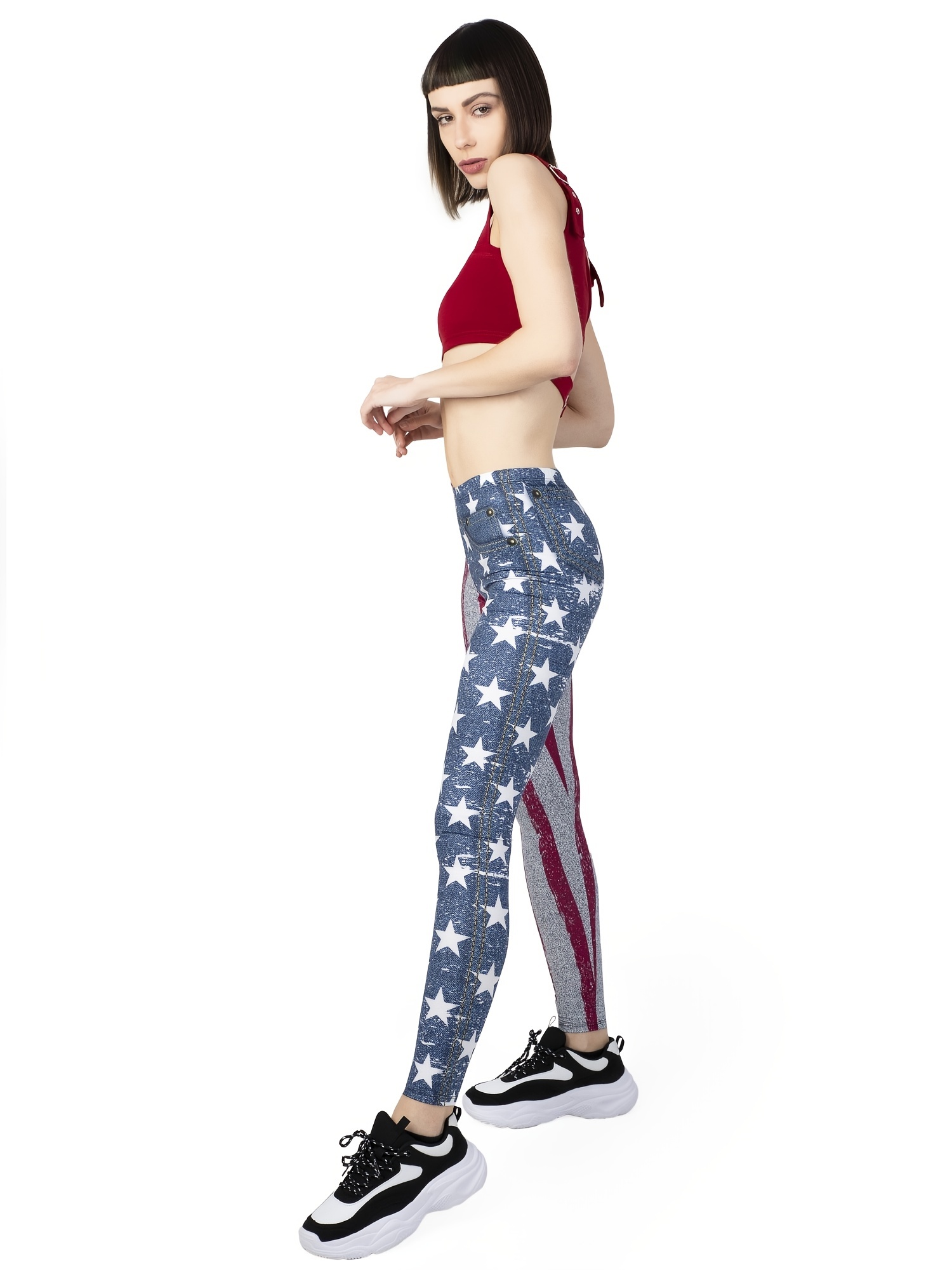 Sexy USA Flag Jean Print Leggings, Casual High Waist Elastic Fashion  Bottoms Slim Leggings, Women's Clothing